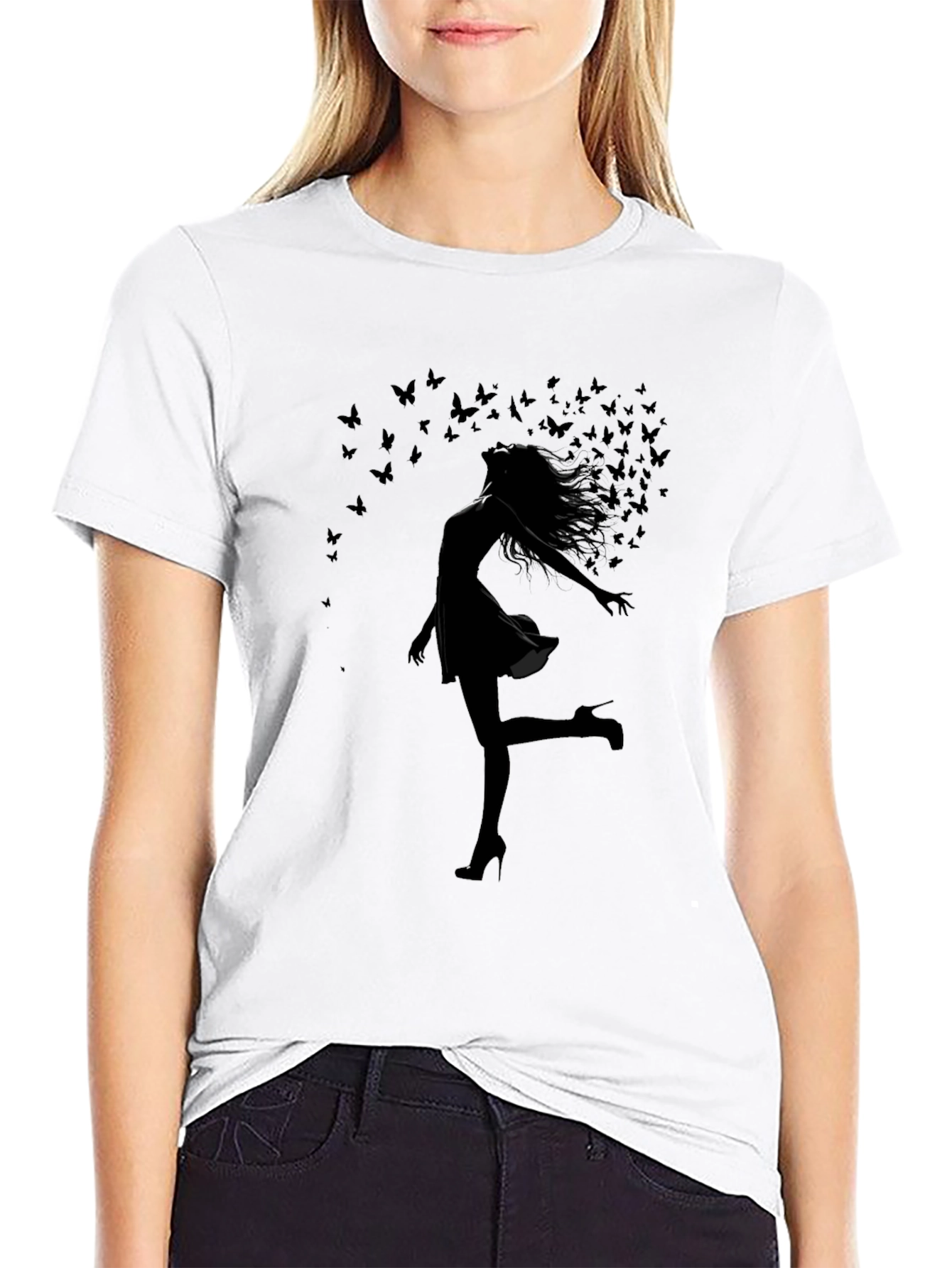Black Silhouette Butterfly Woman Black T-Shirt view 9