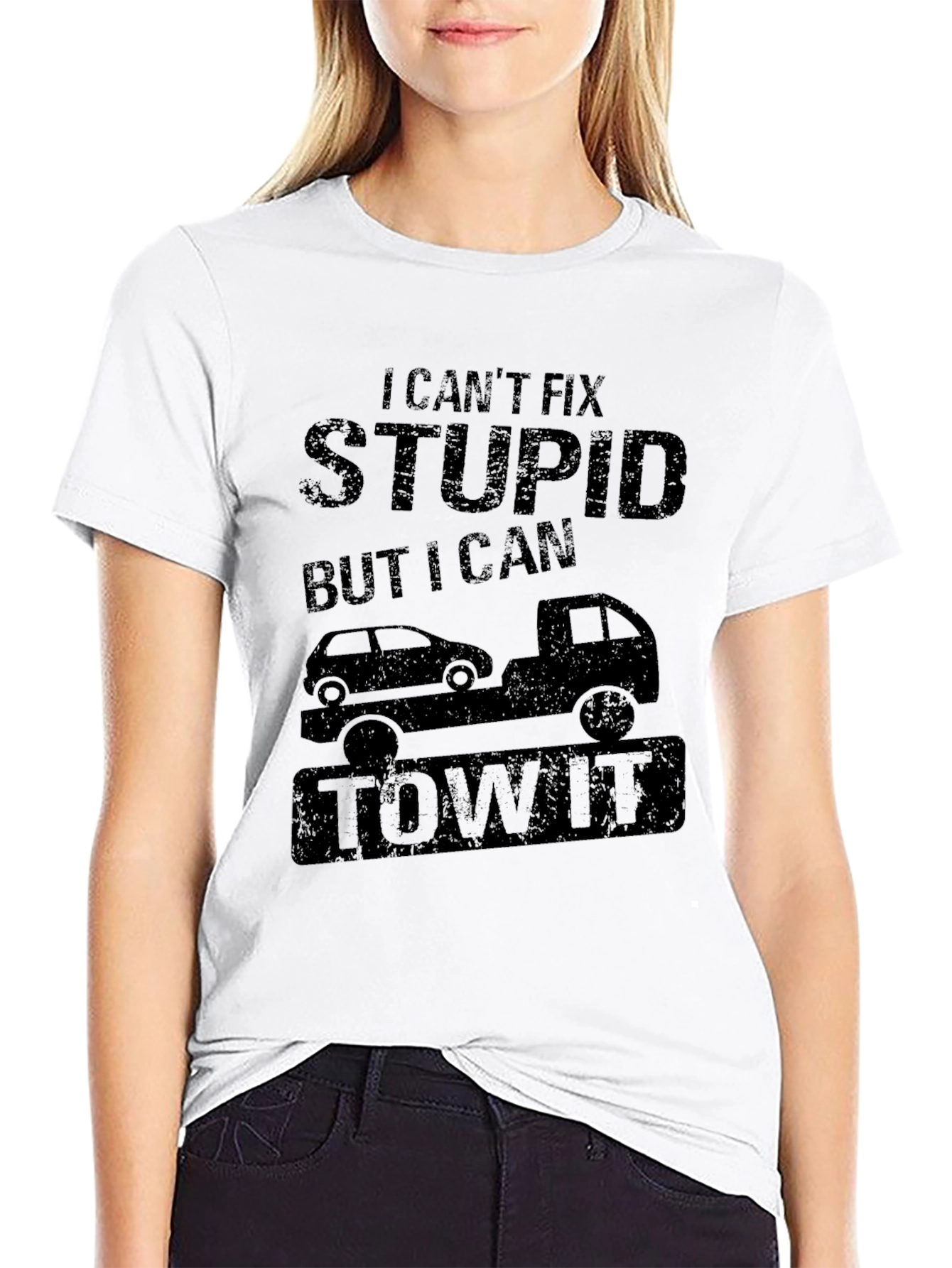 Black Funny "I Can't Fix Stupid" Tow Truck T-Shirt view 9