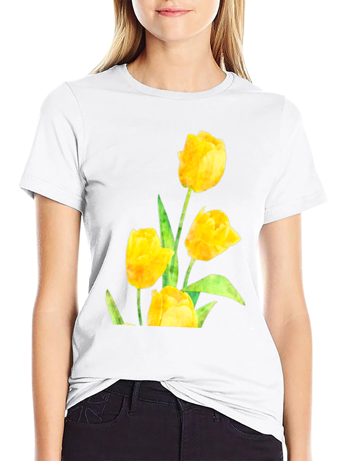 Black Men's Black T-Shirt with Yellow Tulip Floral Design view 9