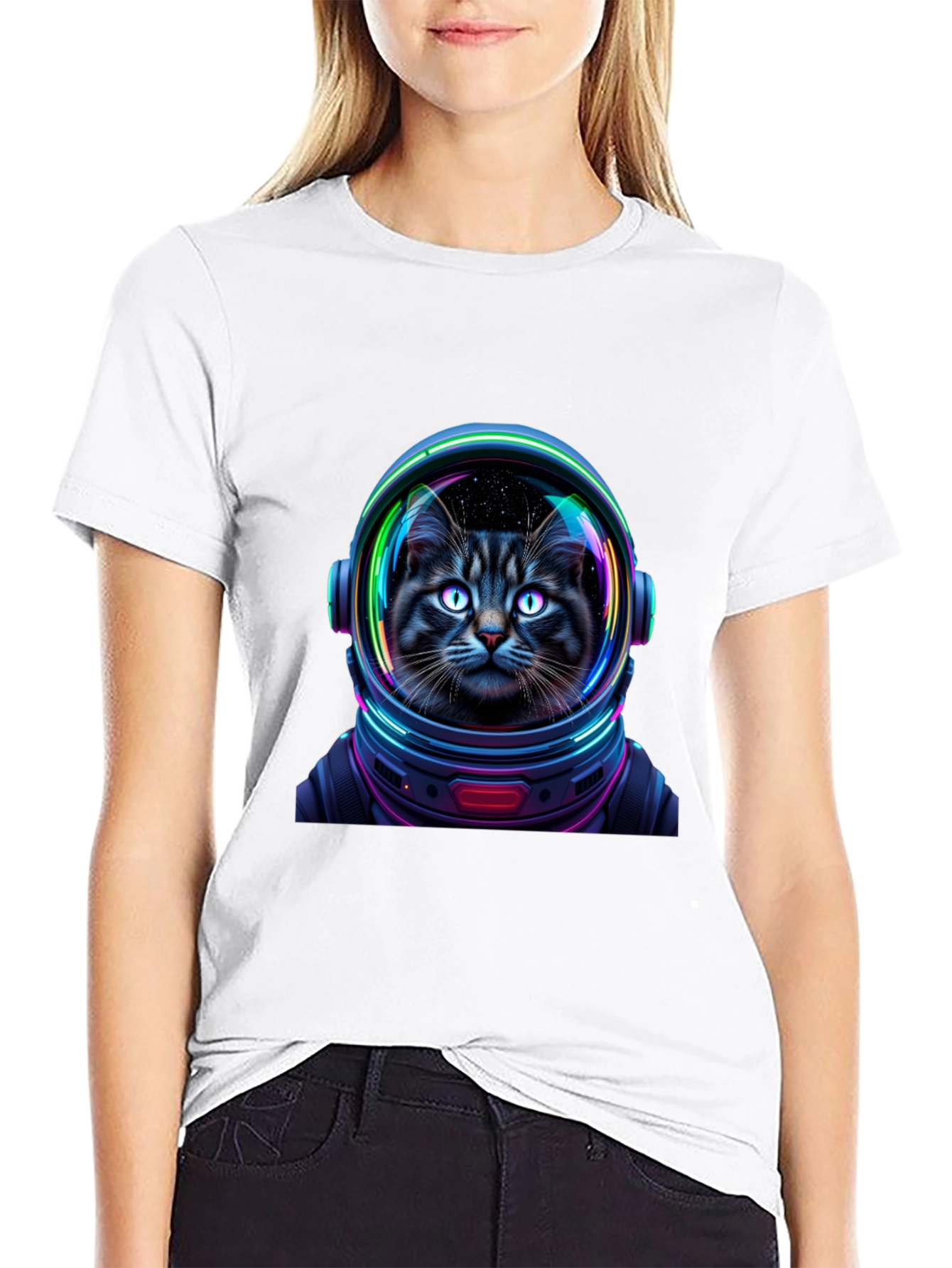 Black Cat Astronaut Graphic T-Shirt - Unisex Black Tee view 9