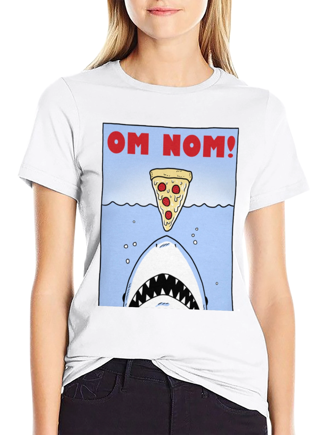Black Om Nom Pizza Shark T-Shirt - Funny Foodie Tee view 9