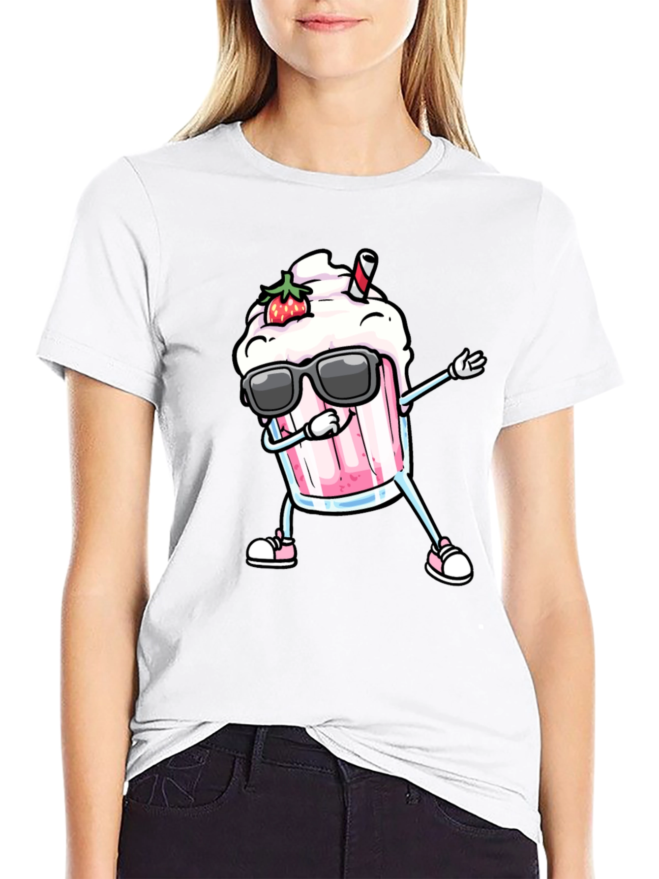 Black Cool Strawberry Milkshake Dabbing Graphic Tee view 9