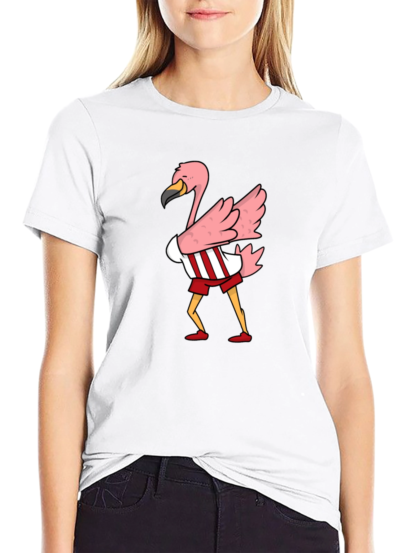 Black Flamingo Cartoon Graphic T-Shirt view 9