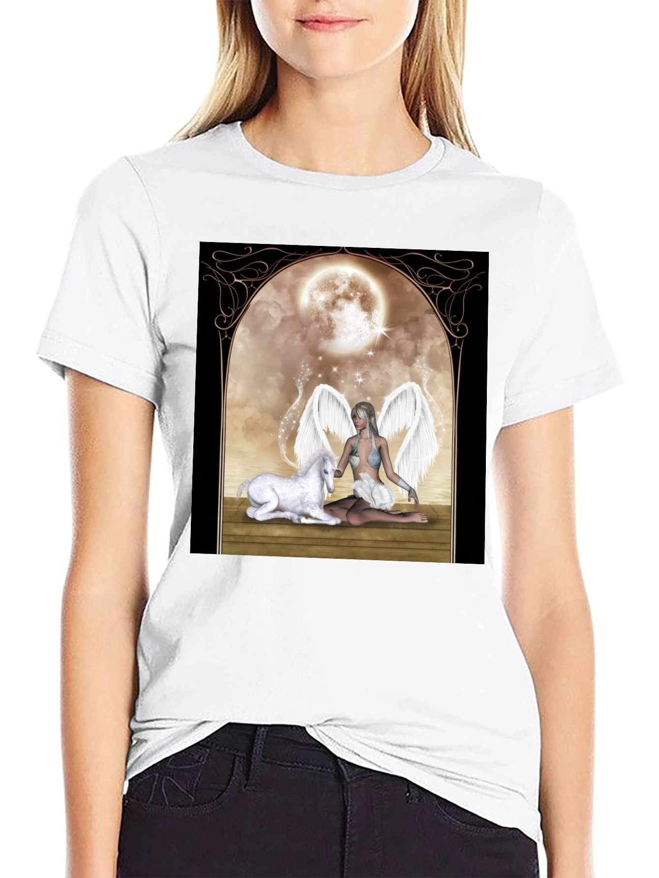 Black Fantasy Angel & Unicorn T-Shirt view 9