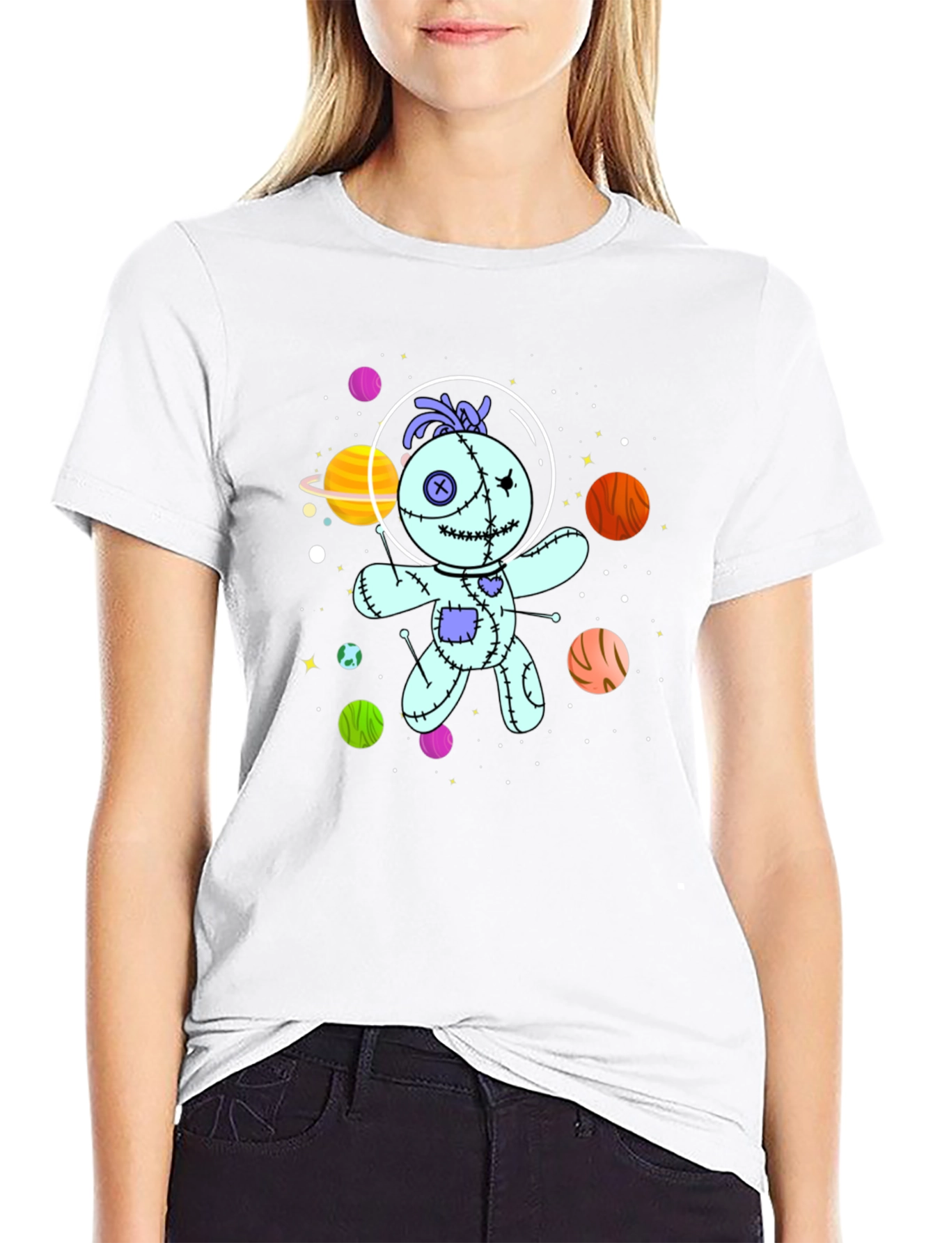 Black Astronaut Voodoo Doll T-Shirt - Unisex Black Tee view 9