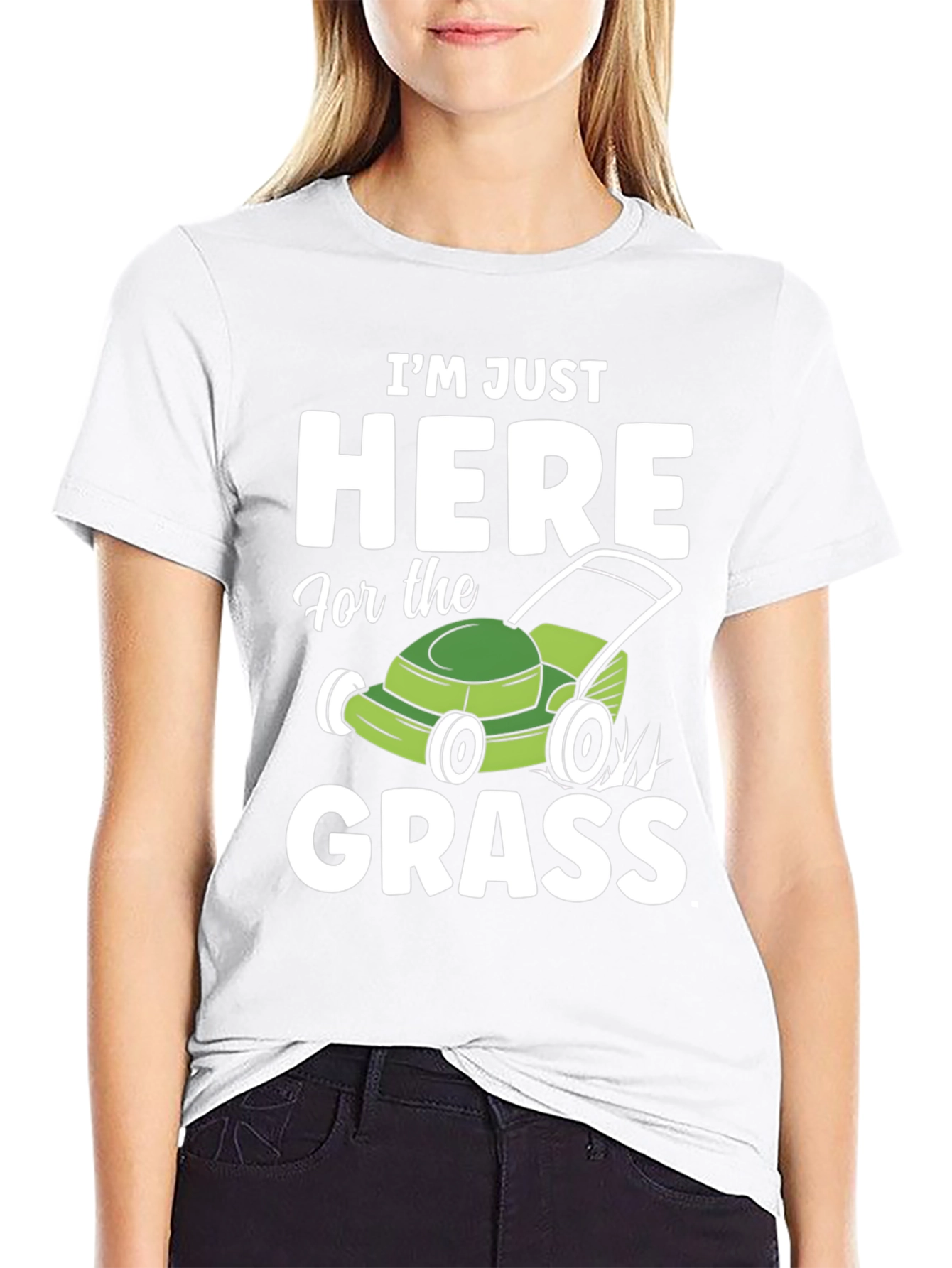 Black Funny "Here for the Grass" Lawn Mowing T-Shirt view 9