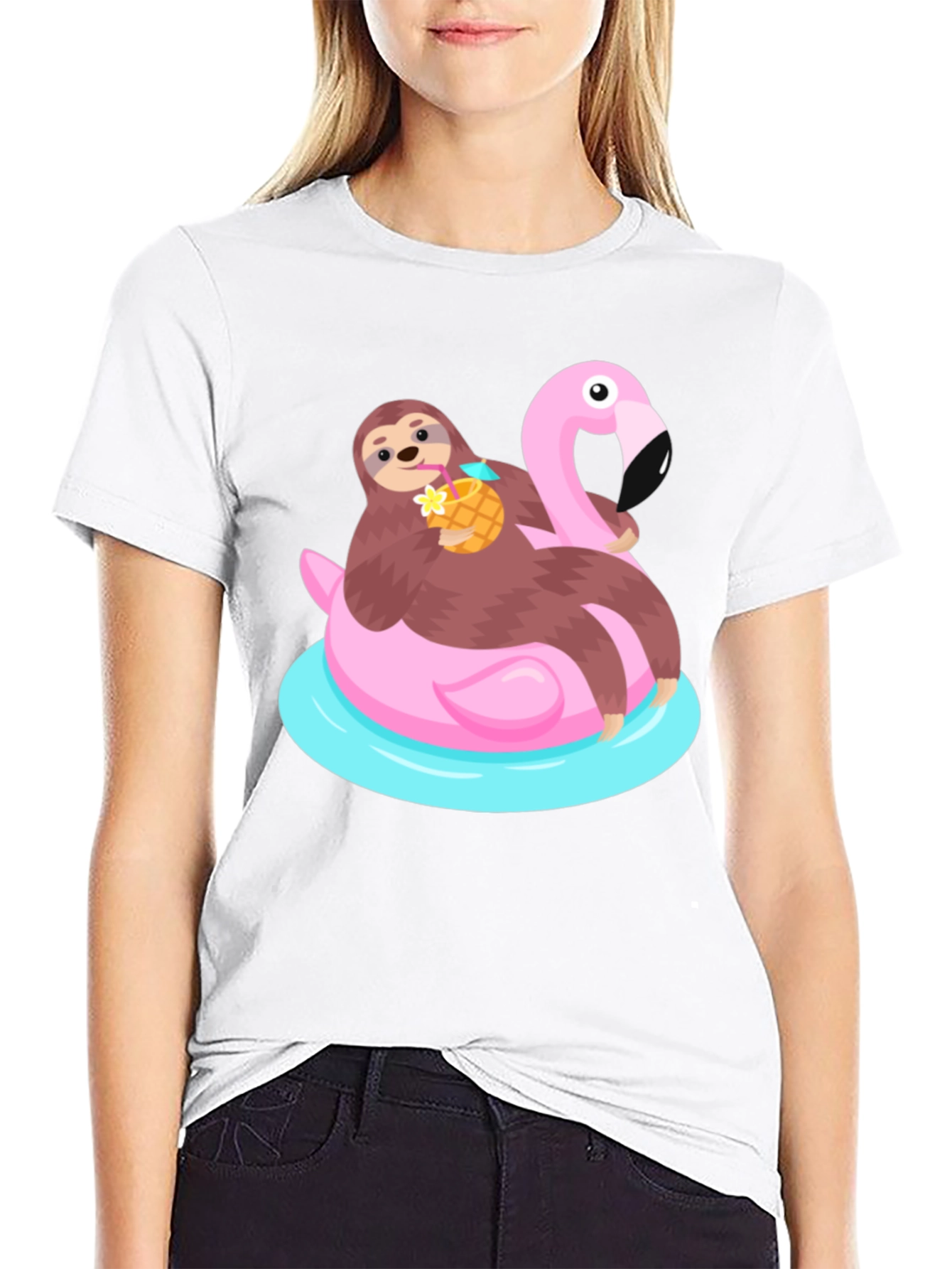 Black Sloth Flamingo Float T-Shirt - Relaxed Summer Vibes view 9