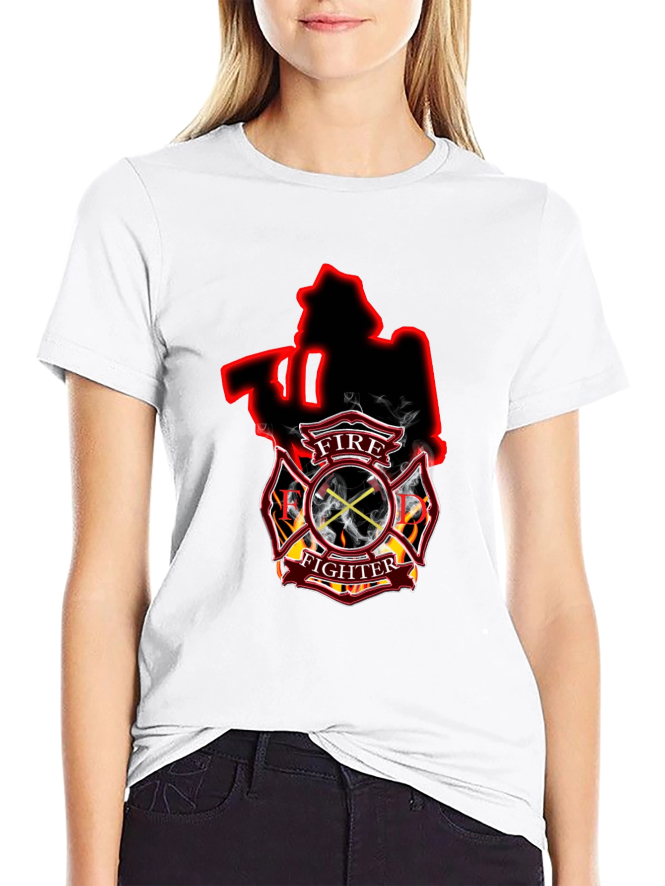 Black Firefighter Axe Shield Black T-Shirt view 9