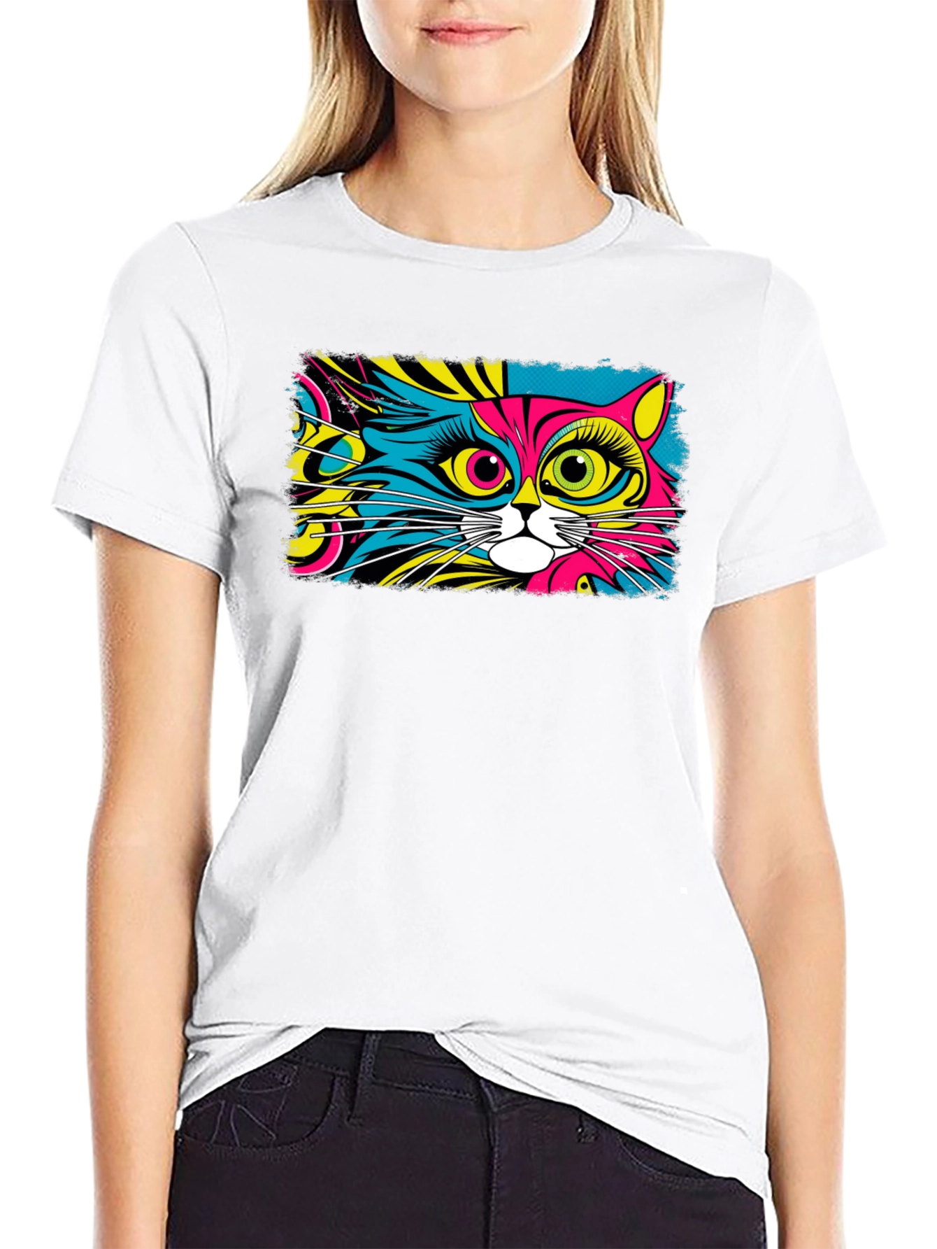 Black Psychedelic Cat Graphic Black T-Shirt view 9