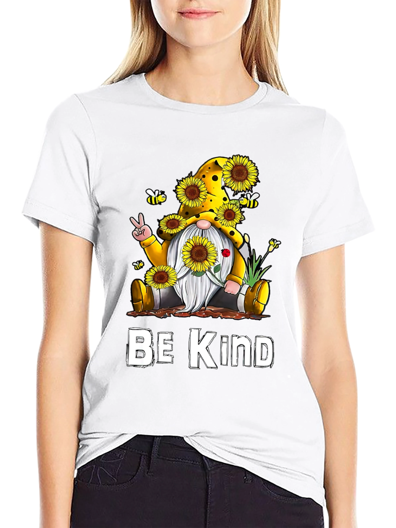 Black Be Kind Gnome Sunflower Graphic Tee view 9