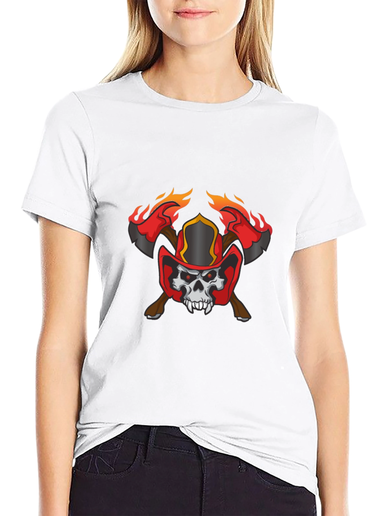 Black Skull Firefighter Axe Graphic T-Shirt view 9