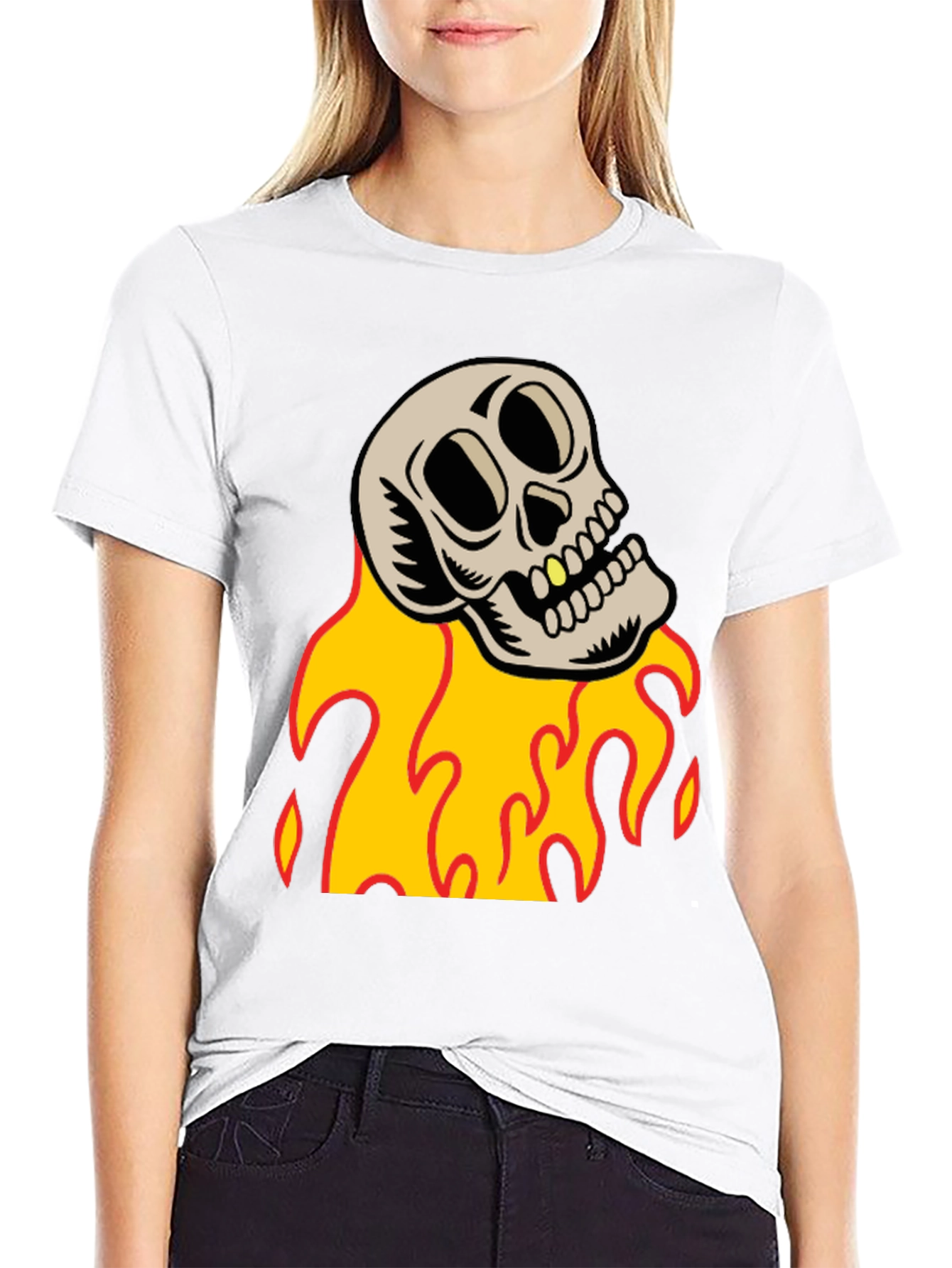 Black Skull on Fire Graphic Tee - Black Cotton T-Shirt view 9