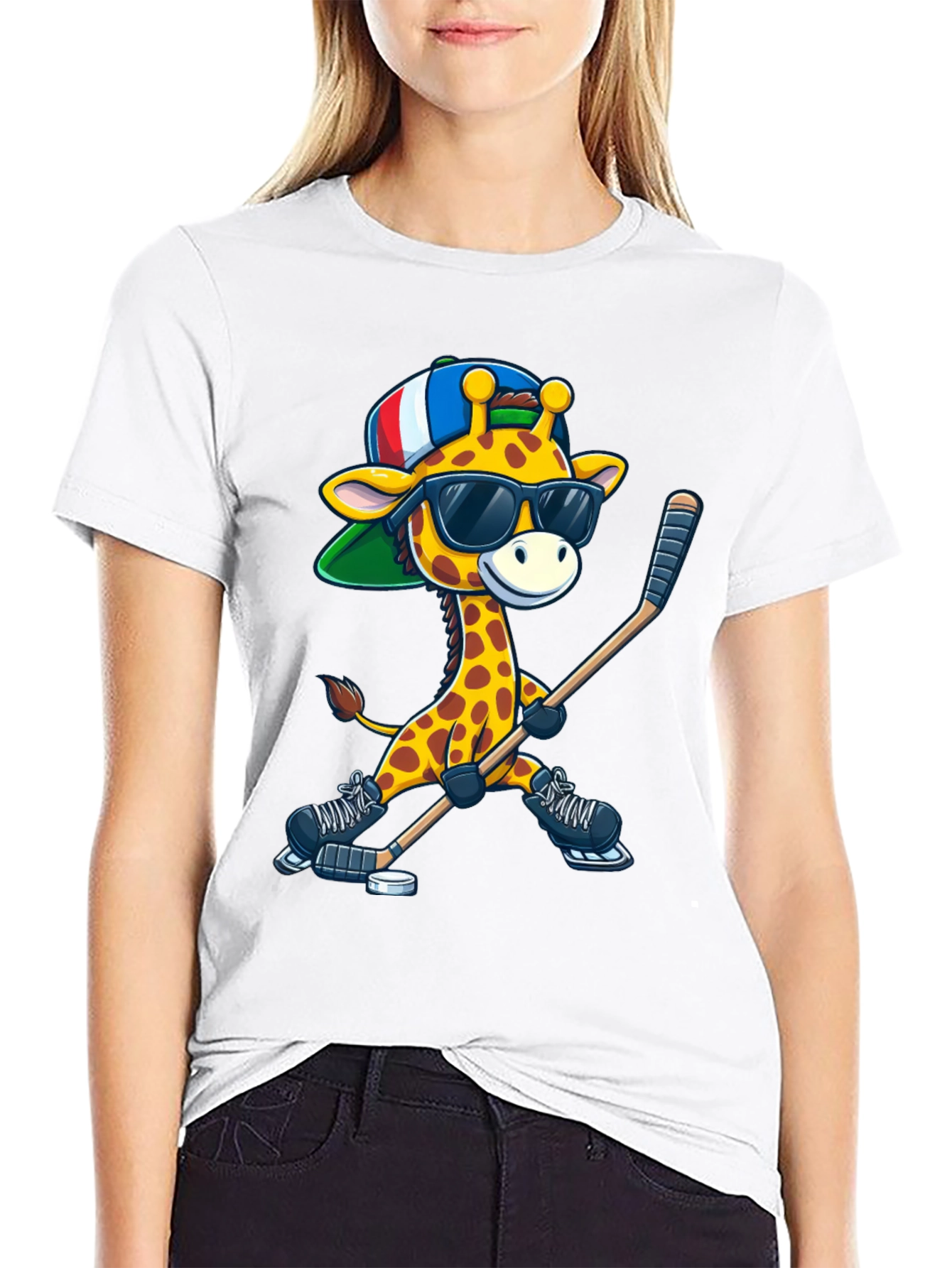 Black Giraffe Hockey Player Graphic Tee view 9