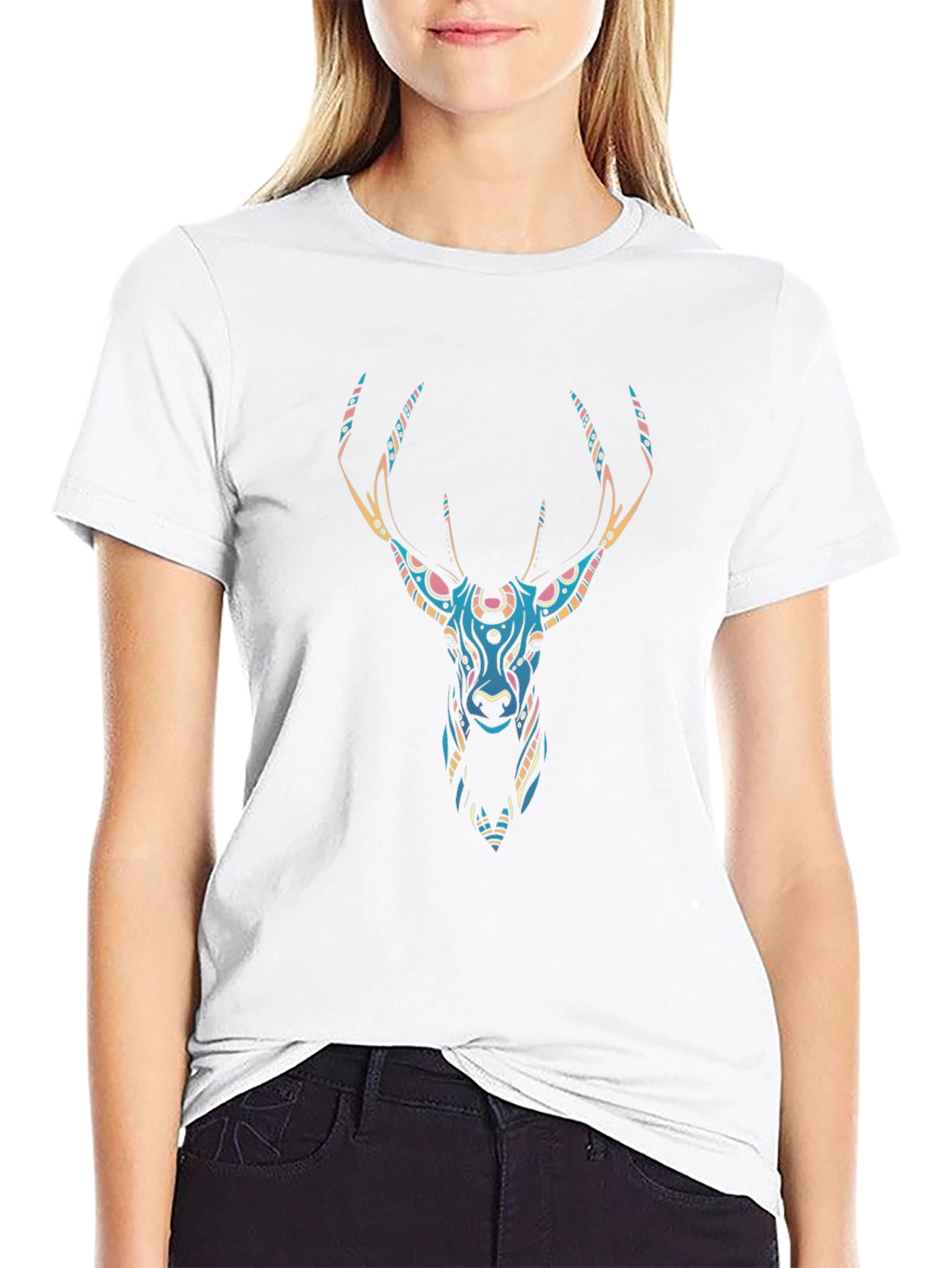 Black Tribal Deer Graphic Black T-Shirt view 9