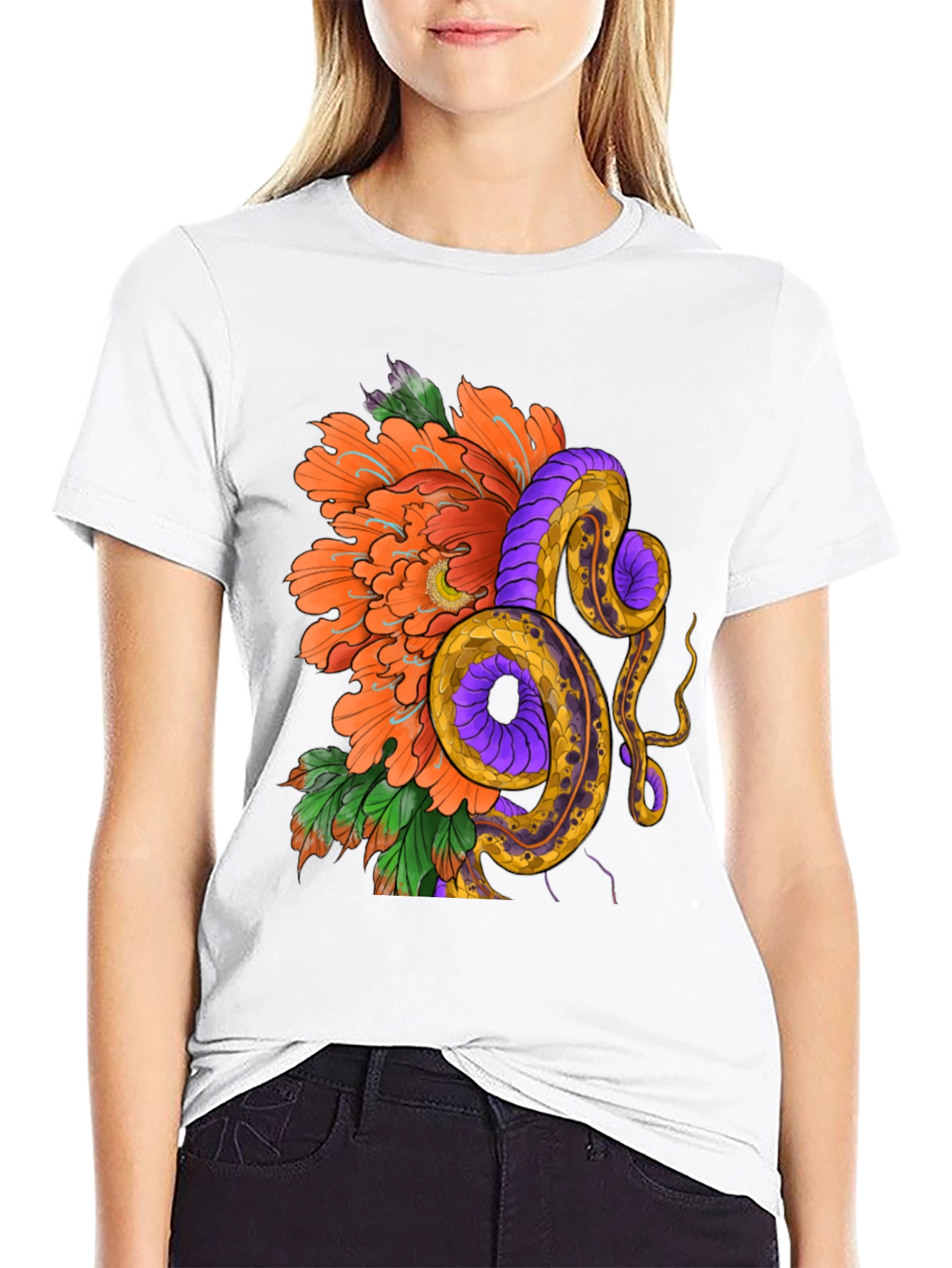 Black Floral Snake Graphic T-Shirt view 9