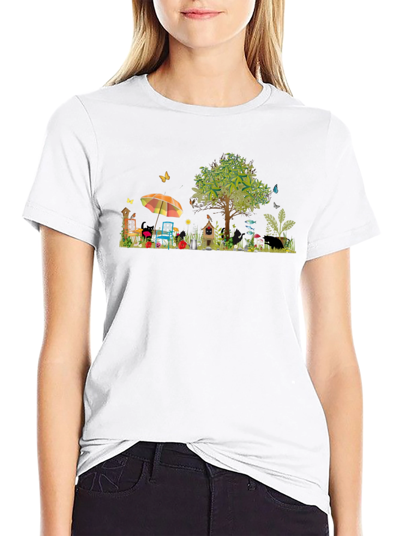 Black Whimsical Garden Scene Graphic T-Shirt view 9