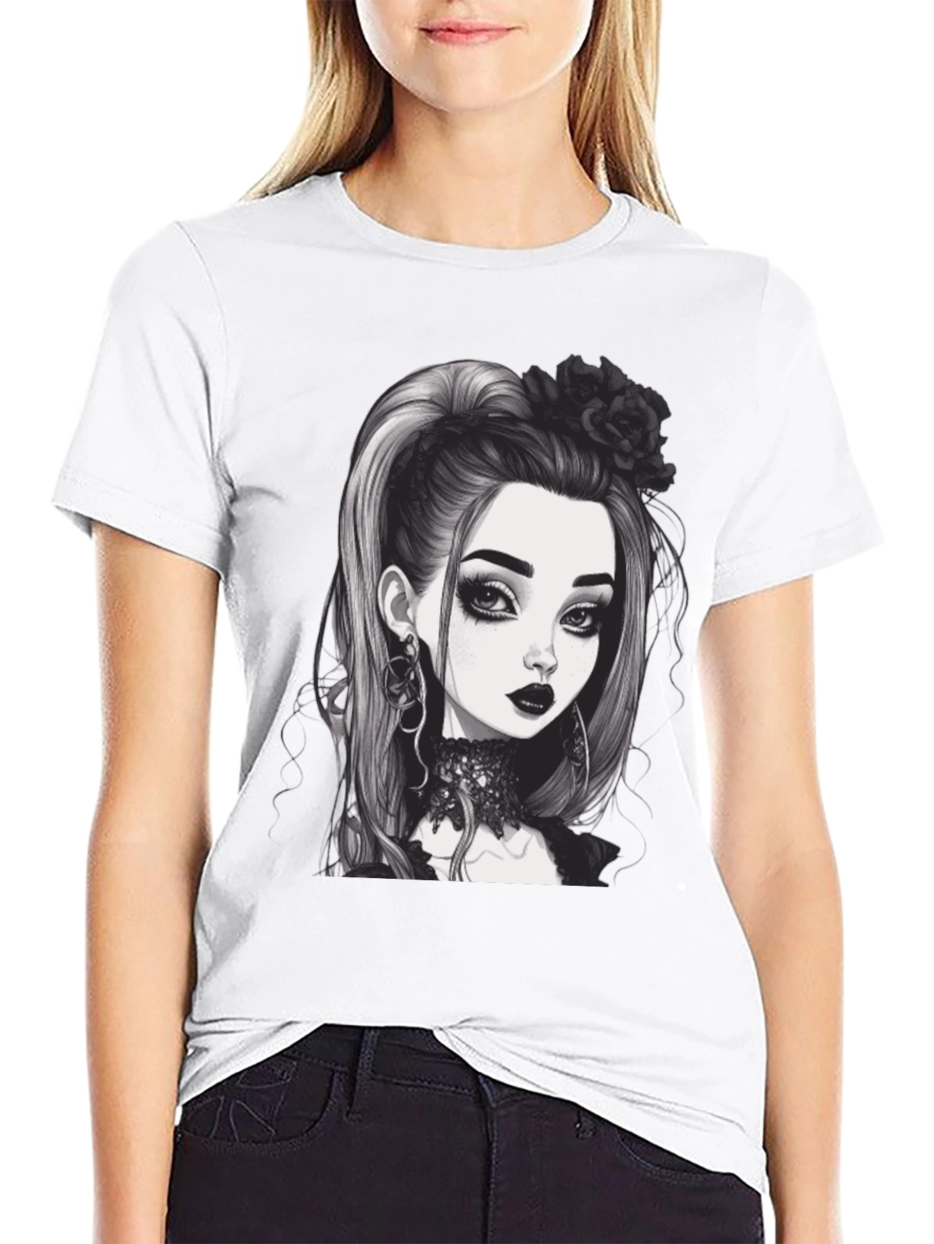 Black Gothic Girl Graphic Tee - Black Cotton T-Shirt view 9