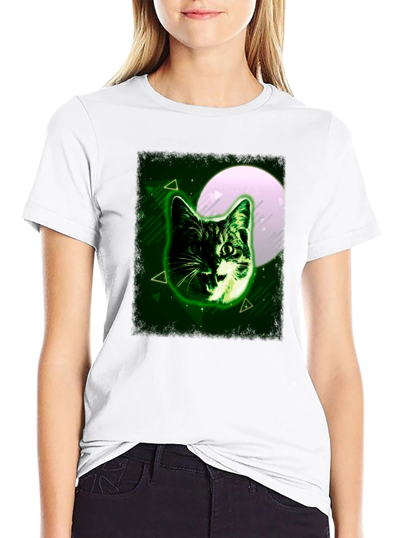 Black Green Cat Graphic Tee - Moonlit Feline Design view 9