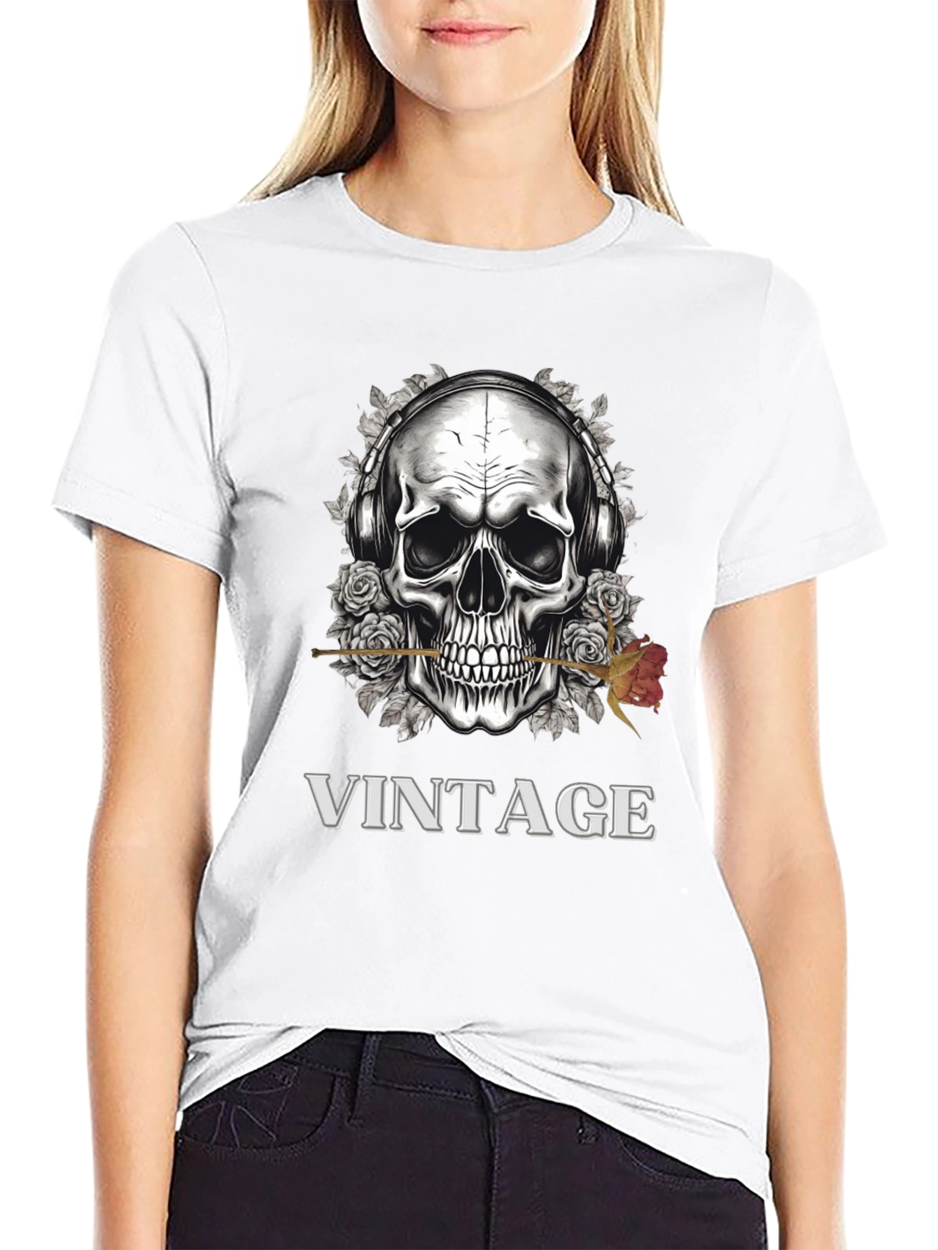 Black Vintage Skull Graphic Tee view 9