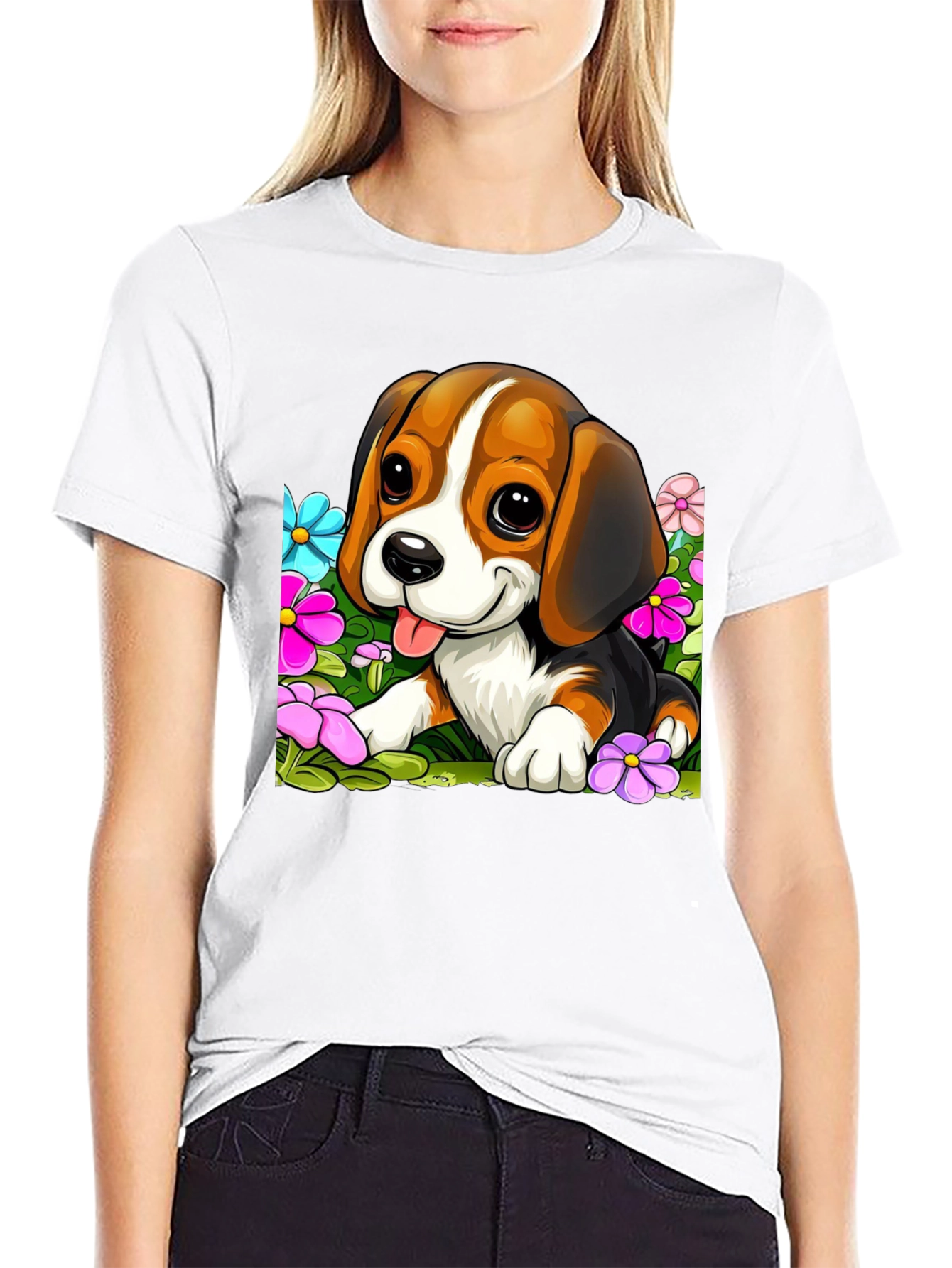 Black Cute Beagle Puppy in Flowers Black T-Shirt view 9