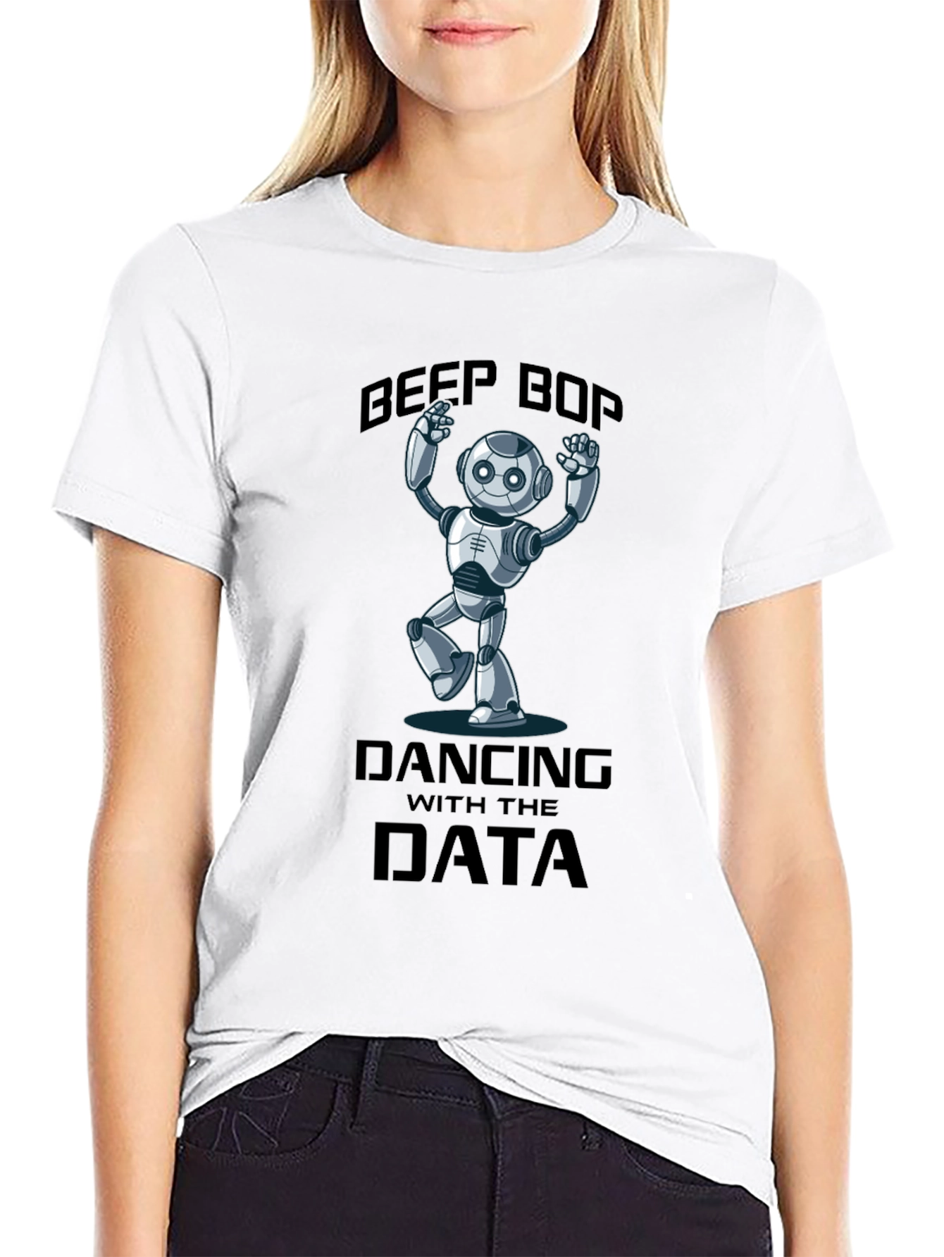 Black Data Dancing Robot T-Shirt - Beep Boop Fun! view 9