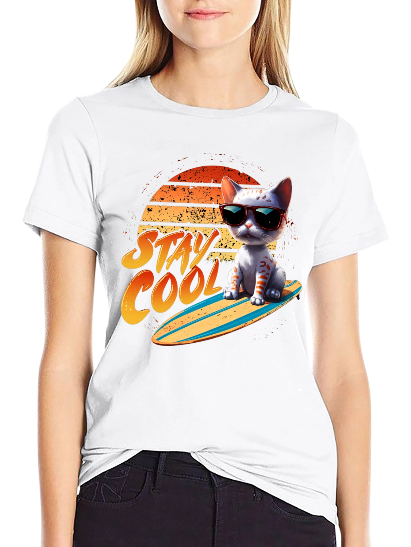 Black Cool Cat Surfboard T-Shirt view 9