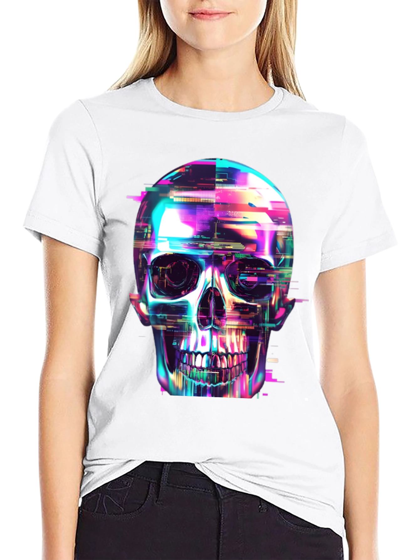 Black Cyberpunk Skull Graphic Tee - Black Cotton T-Shirt view 9