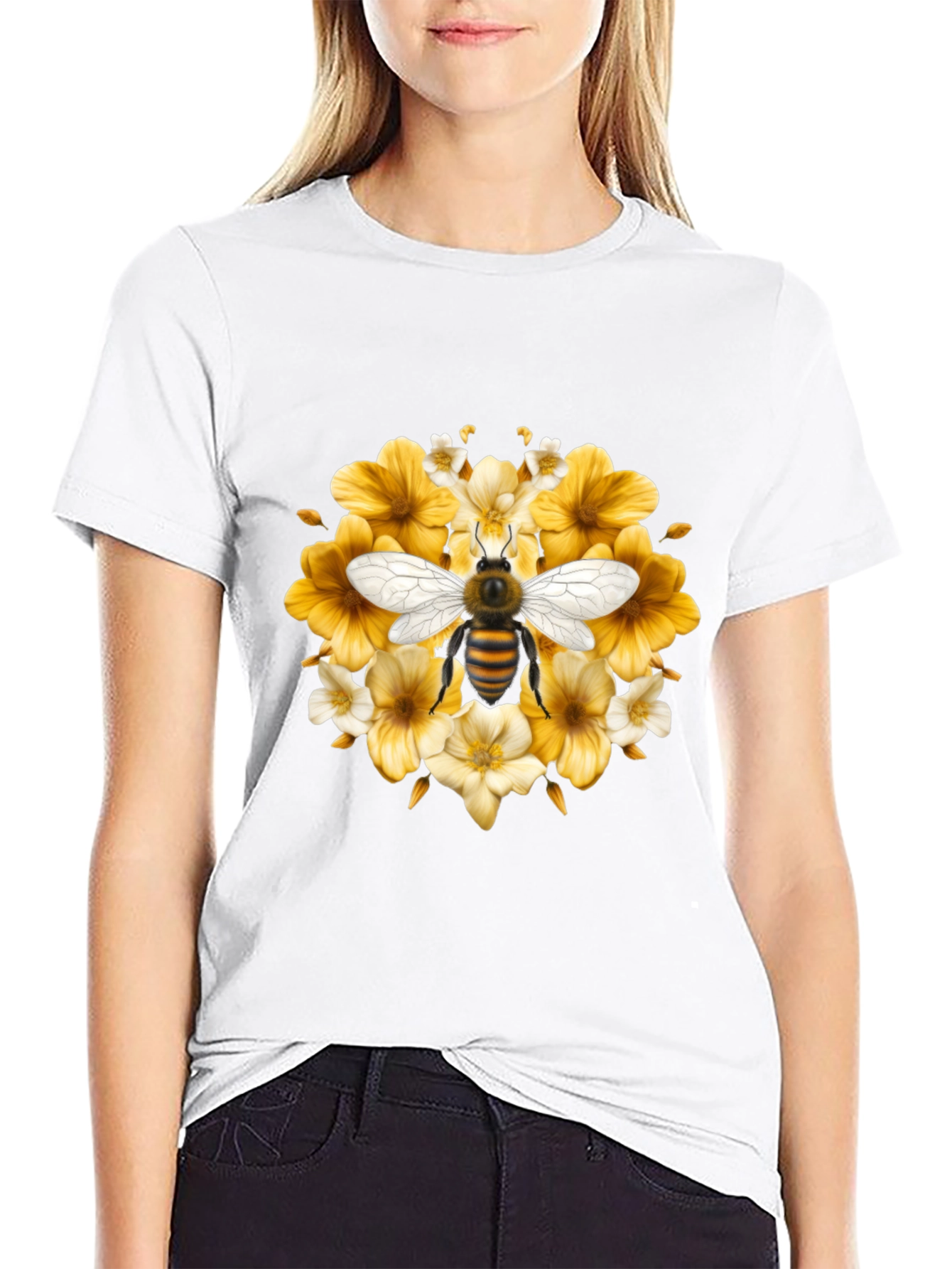 Black Bee & Floral Black T-Shirt view 9