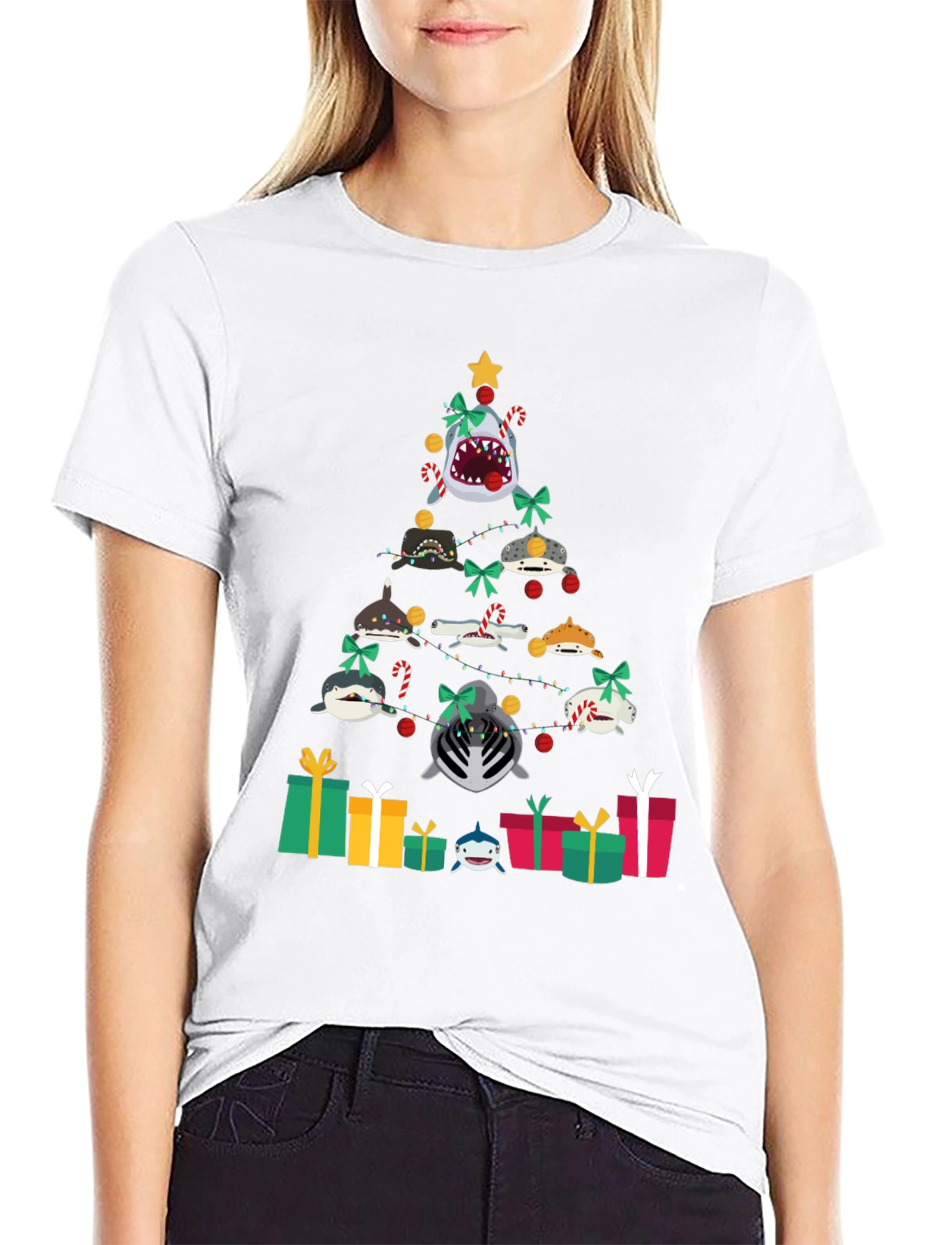 Black Shark Christmas Tree Black T-Shirt view 9