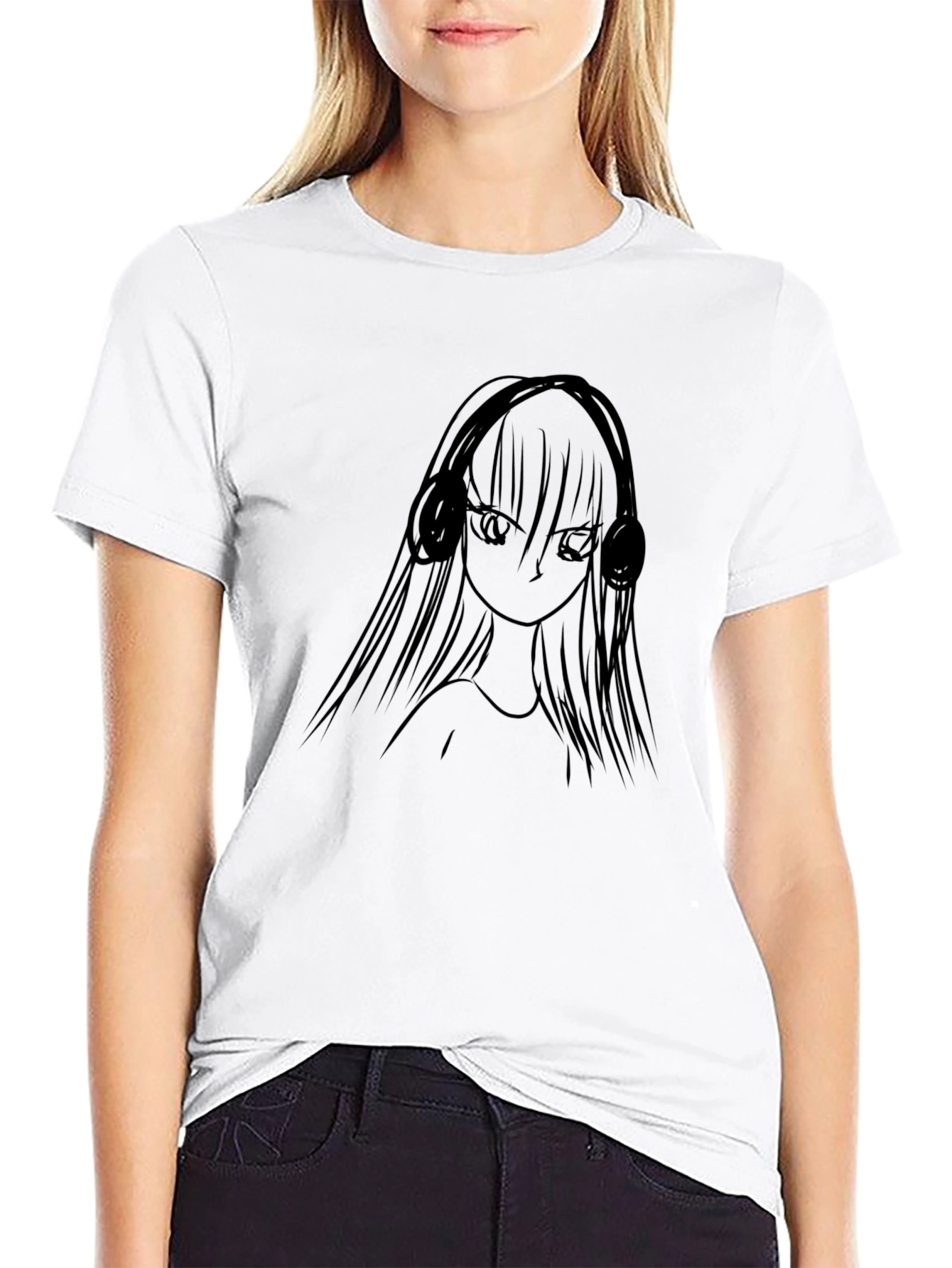 Black Anime Girl Headphones Black T-Shirt view 9
