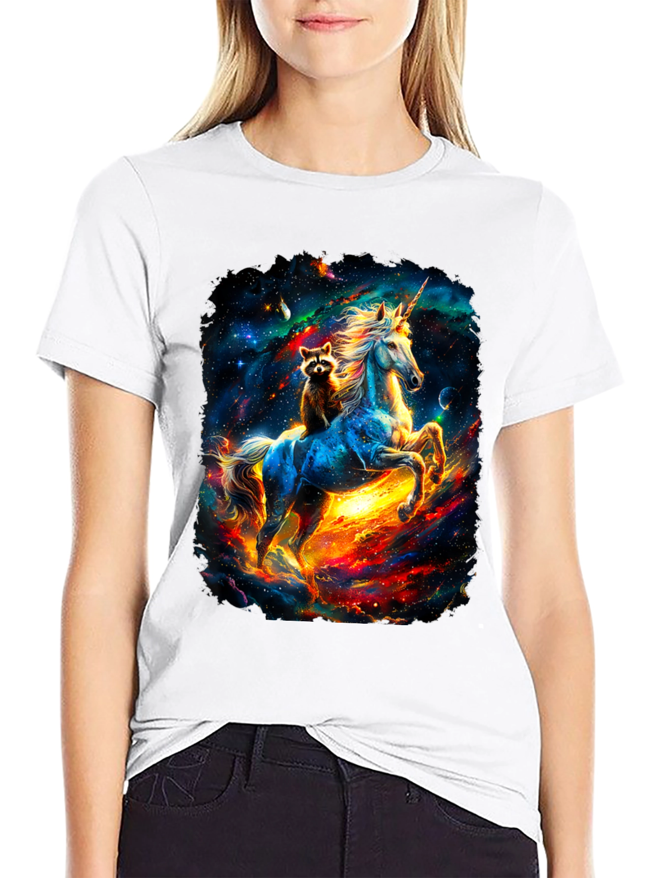 Black Cosmic Unicorn & Raccoon Graphic Tee view 9