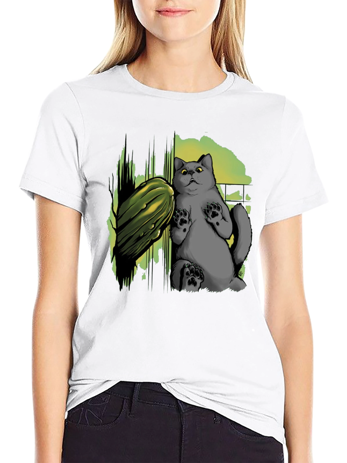 Black Funny Cat & Cucumber Graphic Tee - Black Cotton T-Shirt view 9