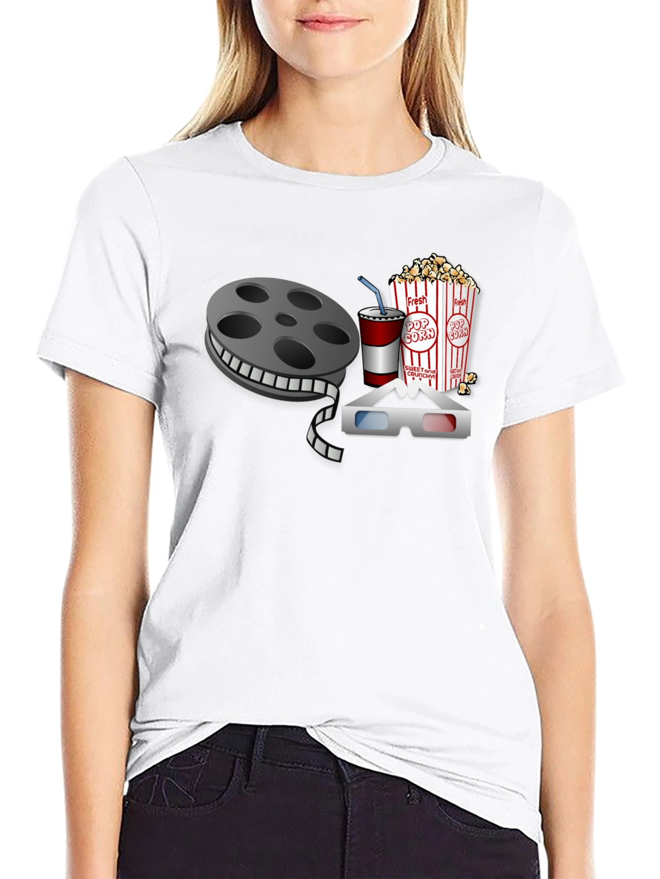 Black Movie Night T-Shirt: Reel, Popcorn, Soda & 3D Glasses view 9