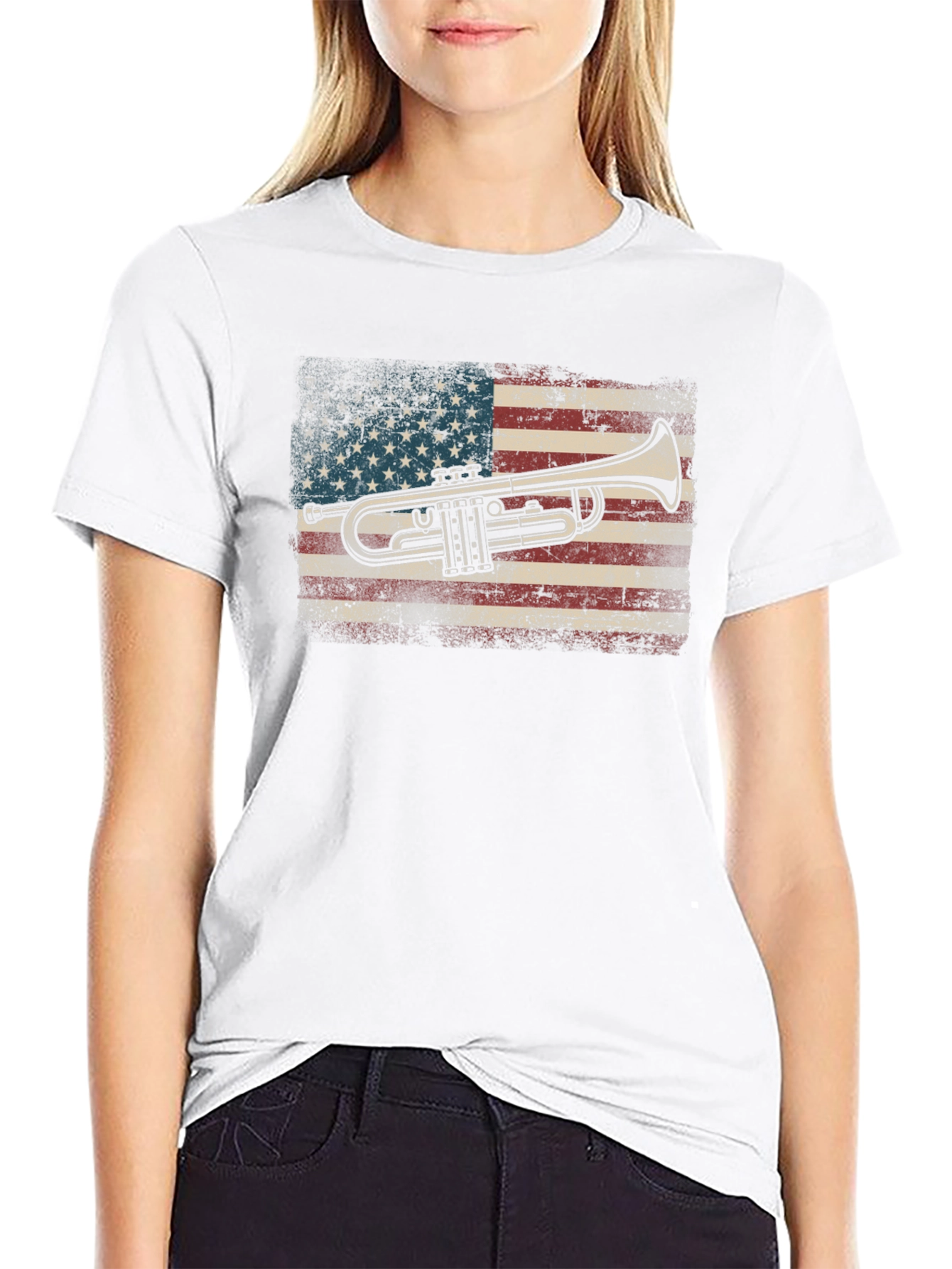 Black Trumpet USA Flag Graphic Tee - Black Cotton T-Shirt view 9