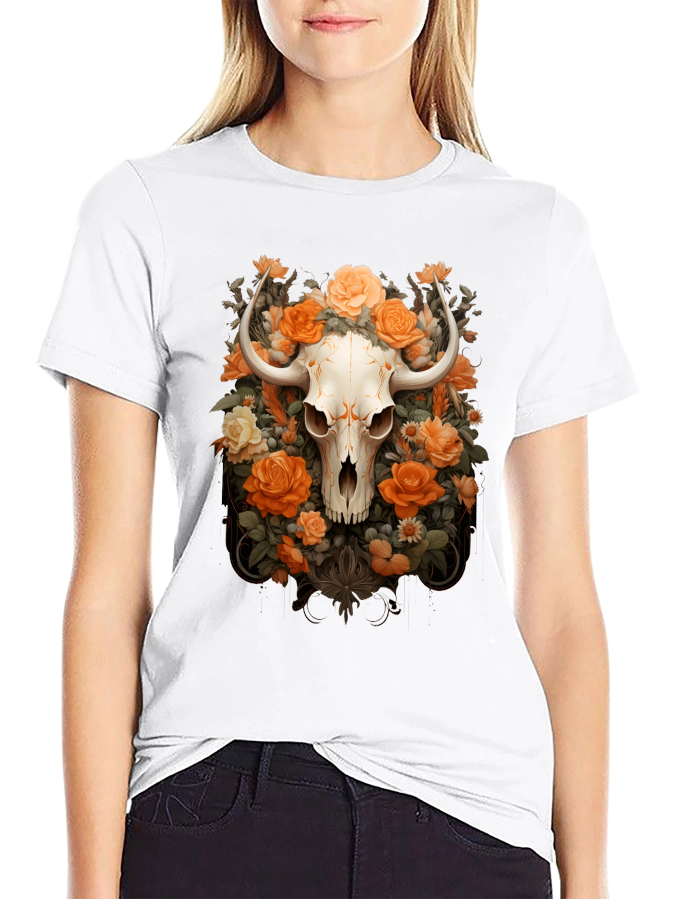 Black Floral Skull Graphic Tee - Unique Design view 9