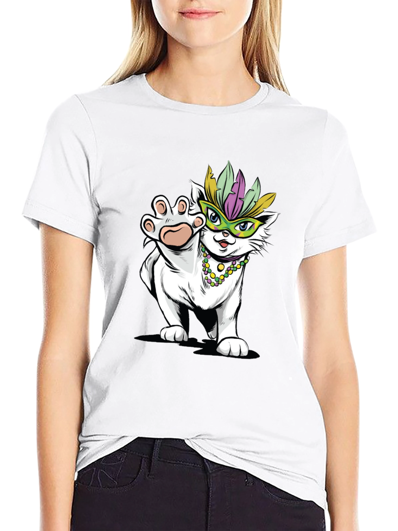 Black Mardi Gras Cat T-Shirt - Festive Party Wear view 9