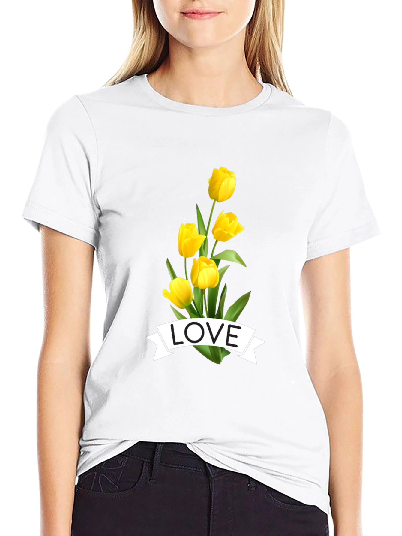Black Love Tulips Graphic Tee - Black Cotton T-Shirt view 9