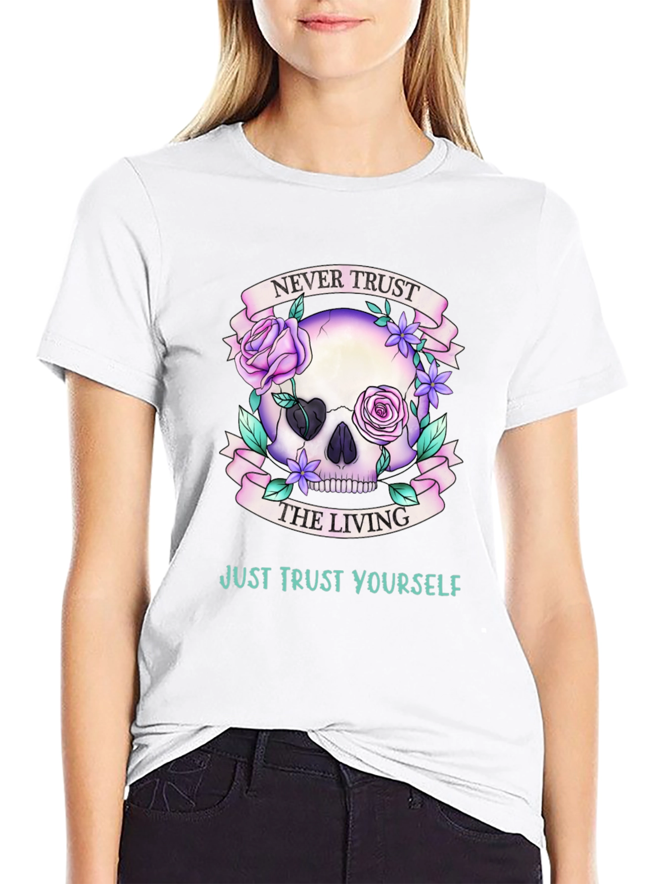 Black Never Trust the Living Skull Graphic T-Shirt view 9