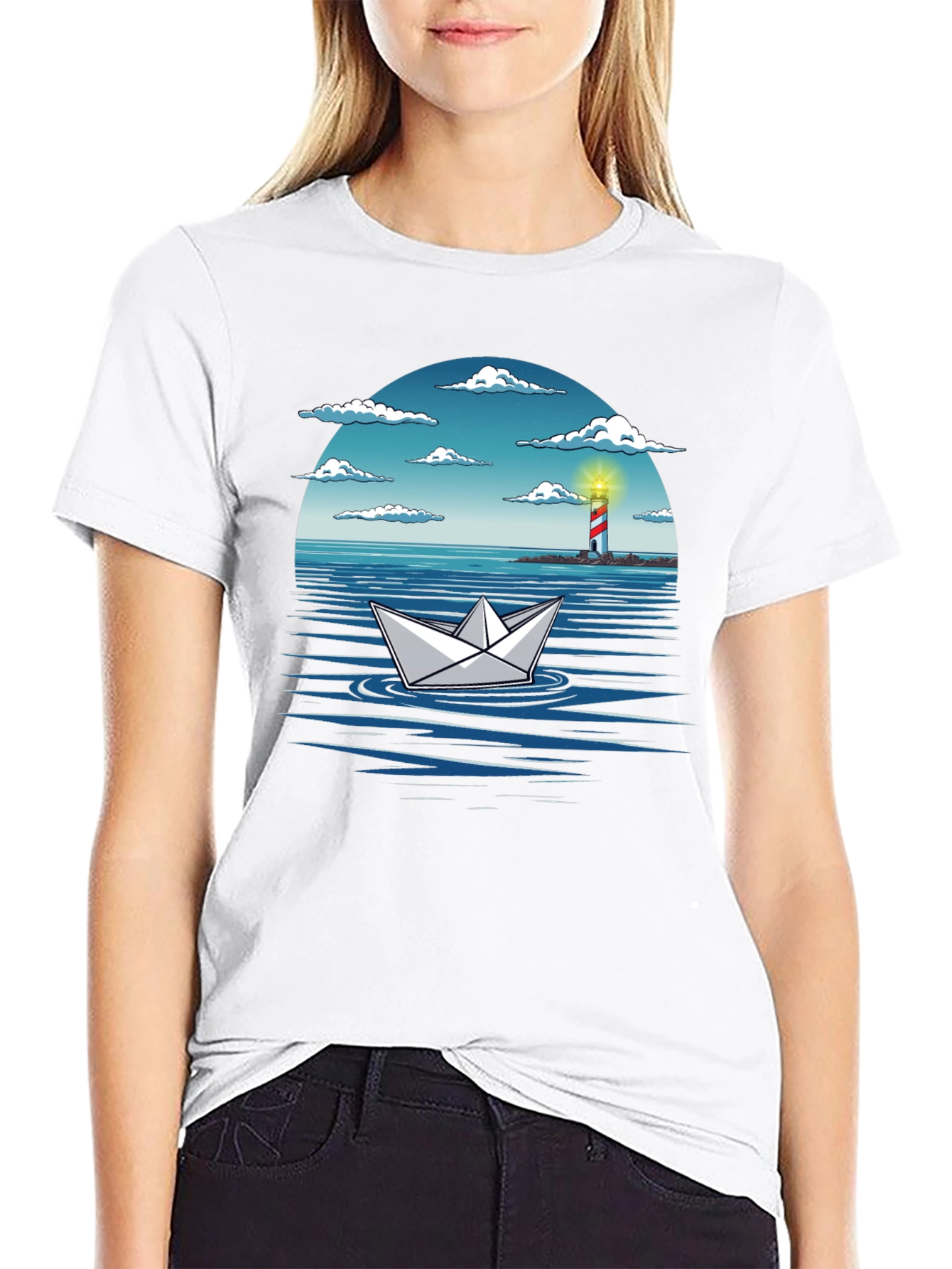 Black Paper Boat Lighthouse Graphic Tee - Nautical Adventure Shirt view 9