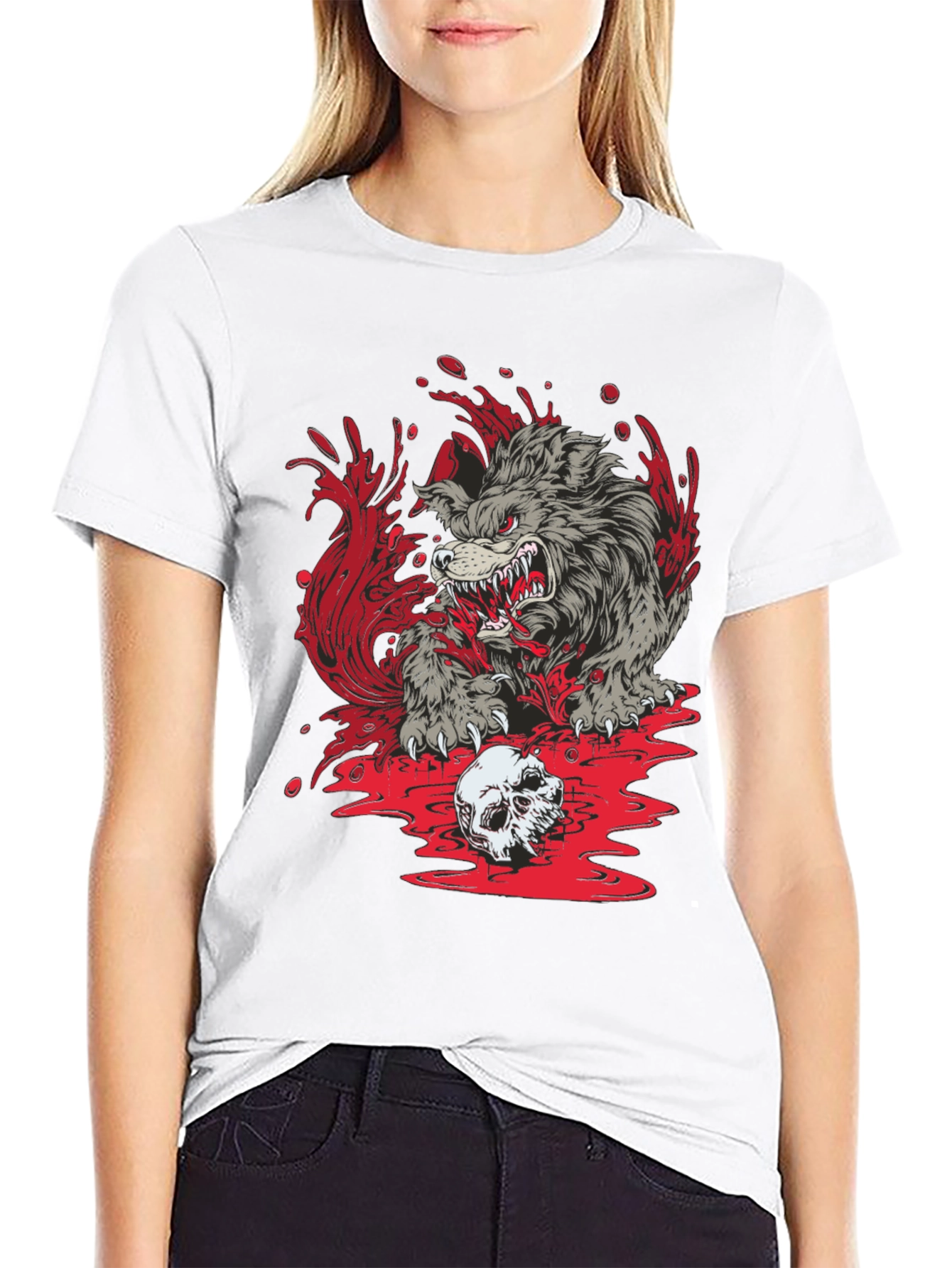Black Wolf Skull Graphic Print Tee view 9