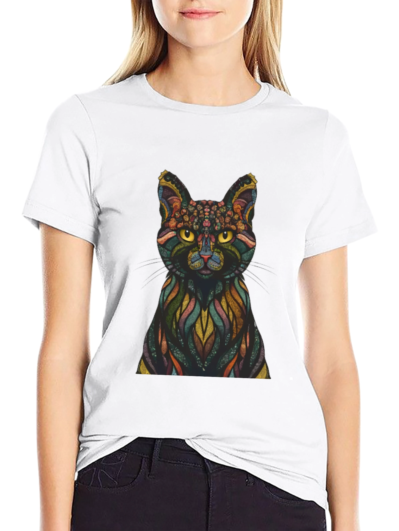 Black Abstract Cat Graphic Print T-Shirt view 9