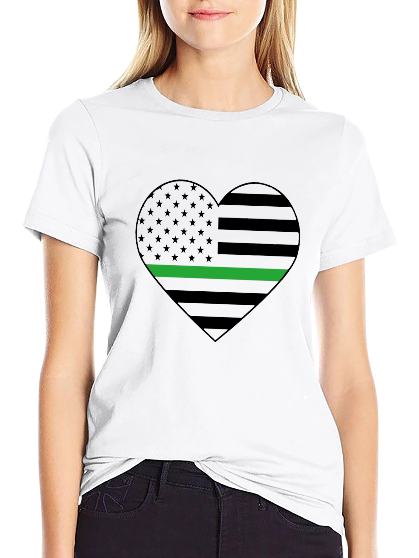 Black Thin Green Line Heart Flag T-Shirt - Support Military view 9