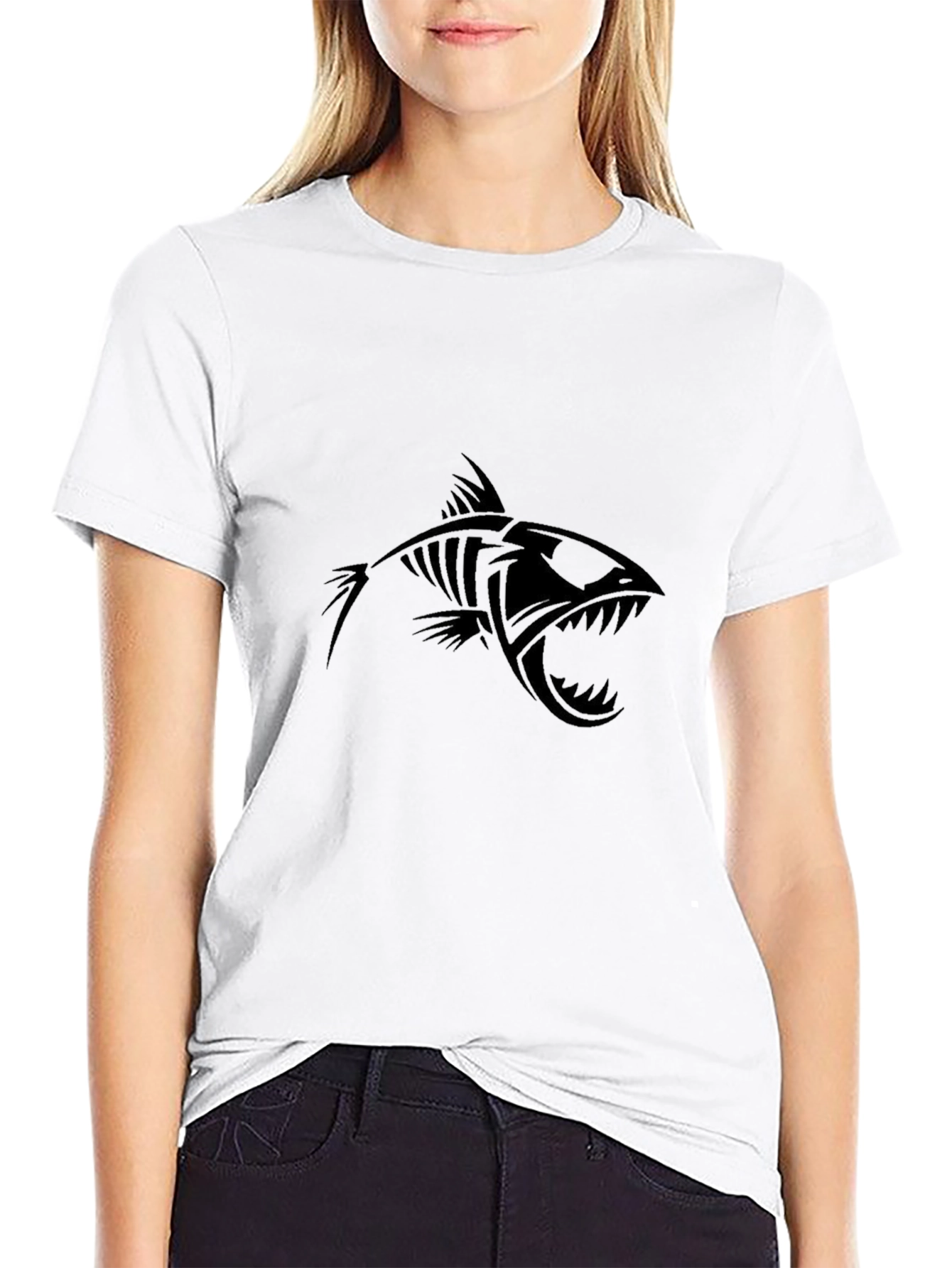 Black Edgy Fish Skeleton Graphic Black T-Shirt view 9