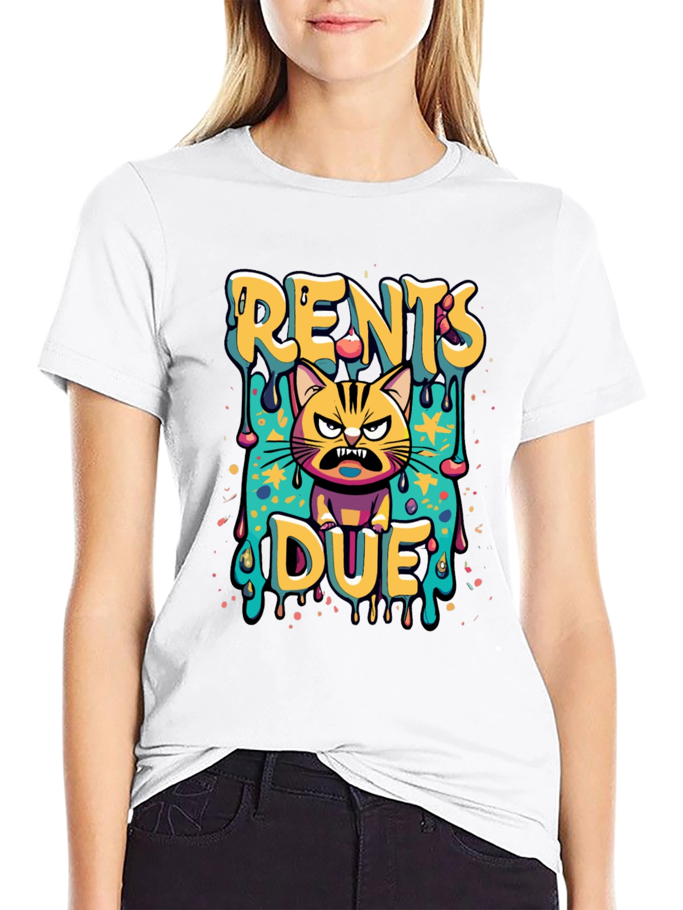 Black Rents Due Angry Cat Graphic Black T-Shirt view 9