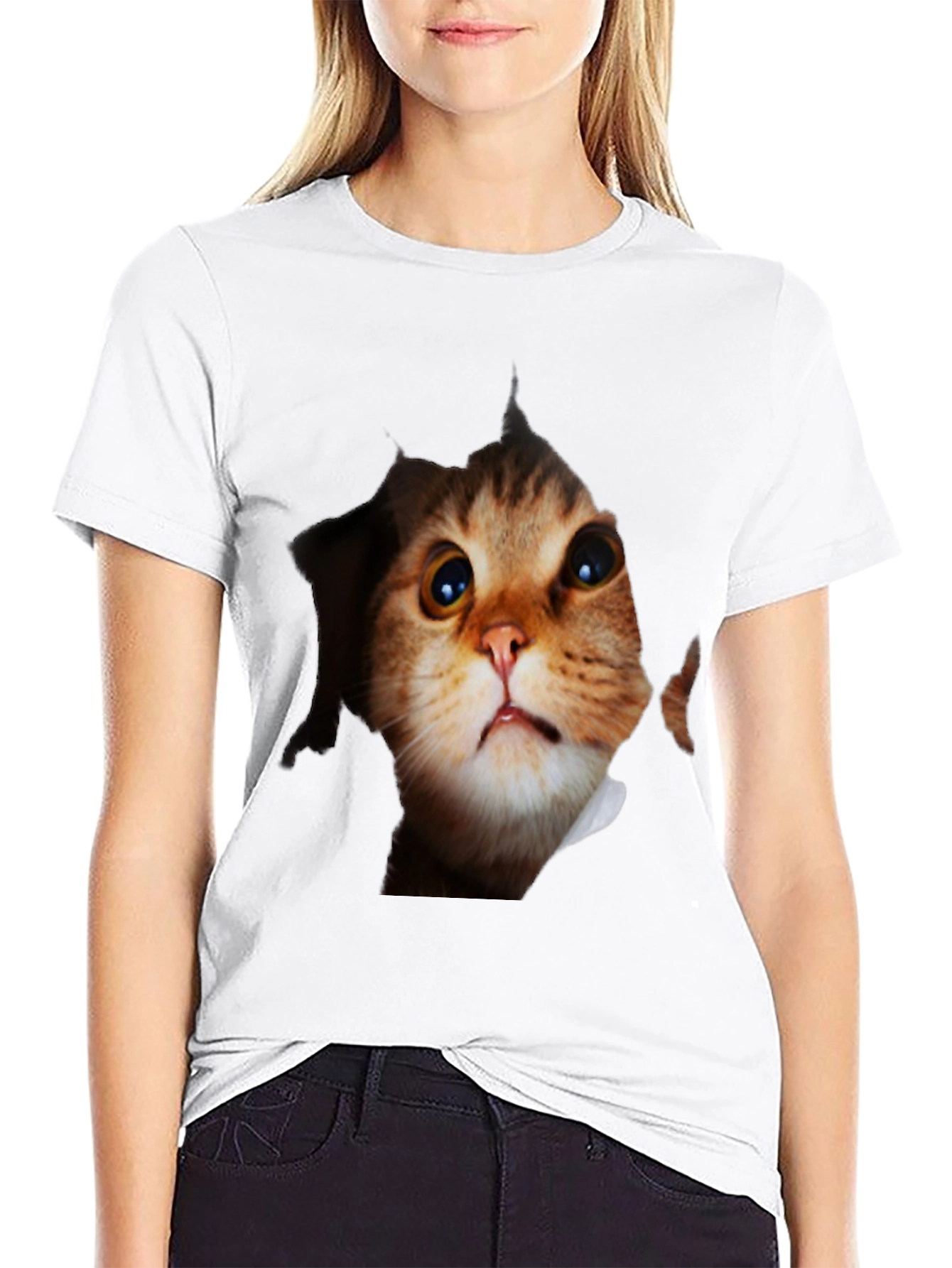 Black 3D Cat Peeking Out Black T-Shirt view 9