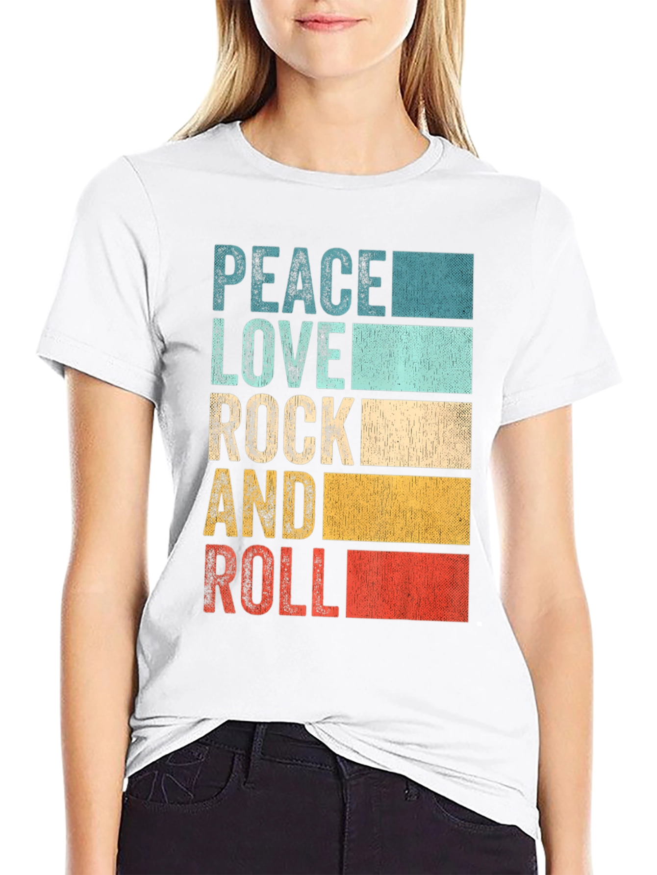 Black Retro Peace Love Rock & Roll Graphic T-Shirt view 9