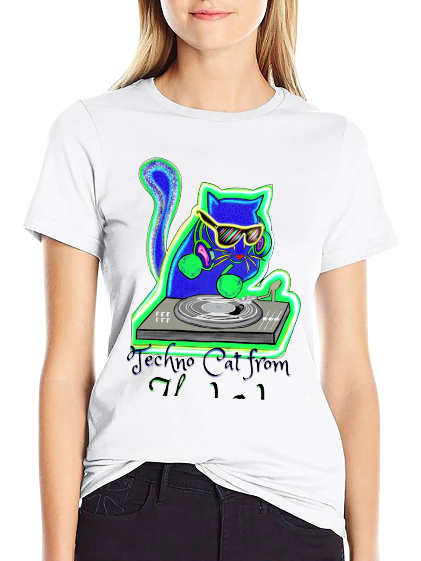 Black Techno Cat DJ Graphic T-Shirt view 9