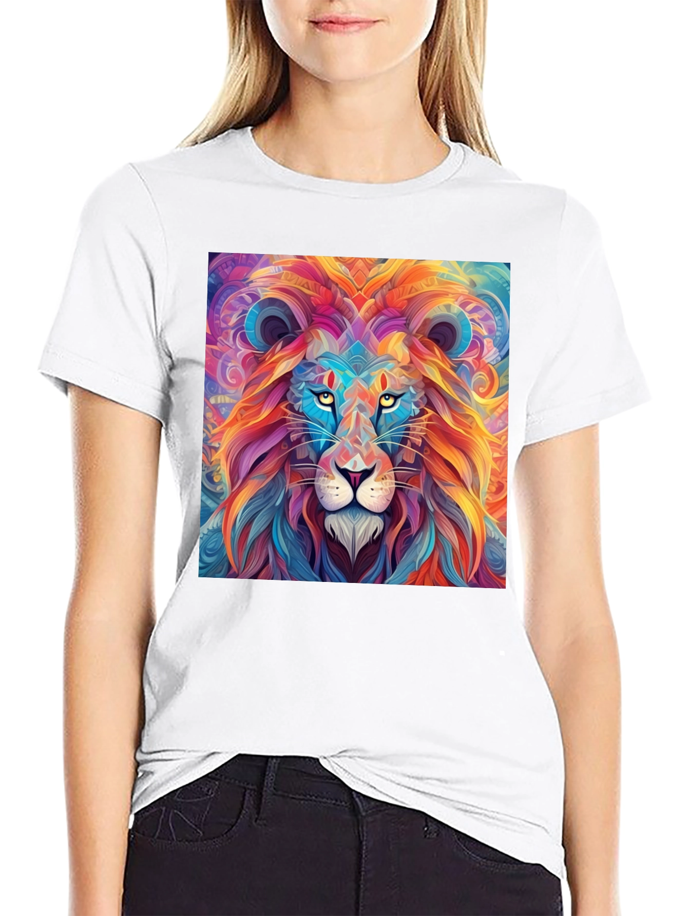 Black Vibrant Lion Graphic Print Black T-Shirt view 9