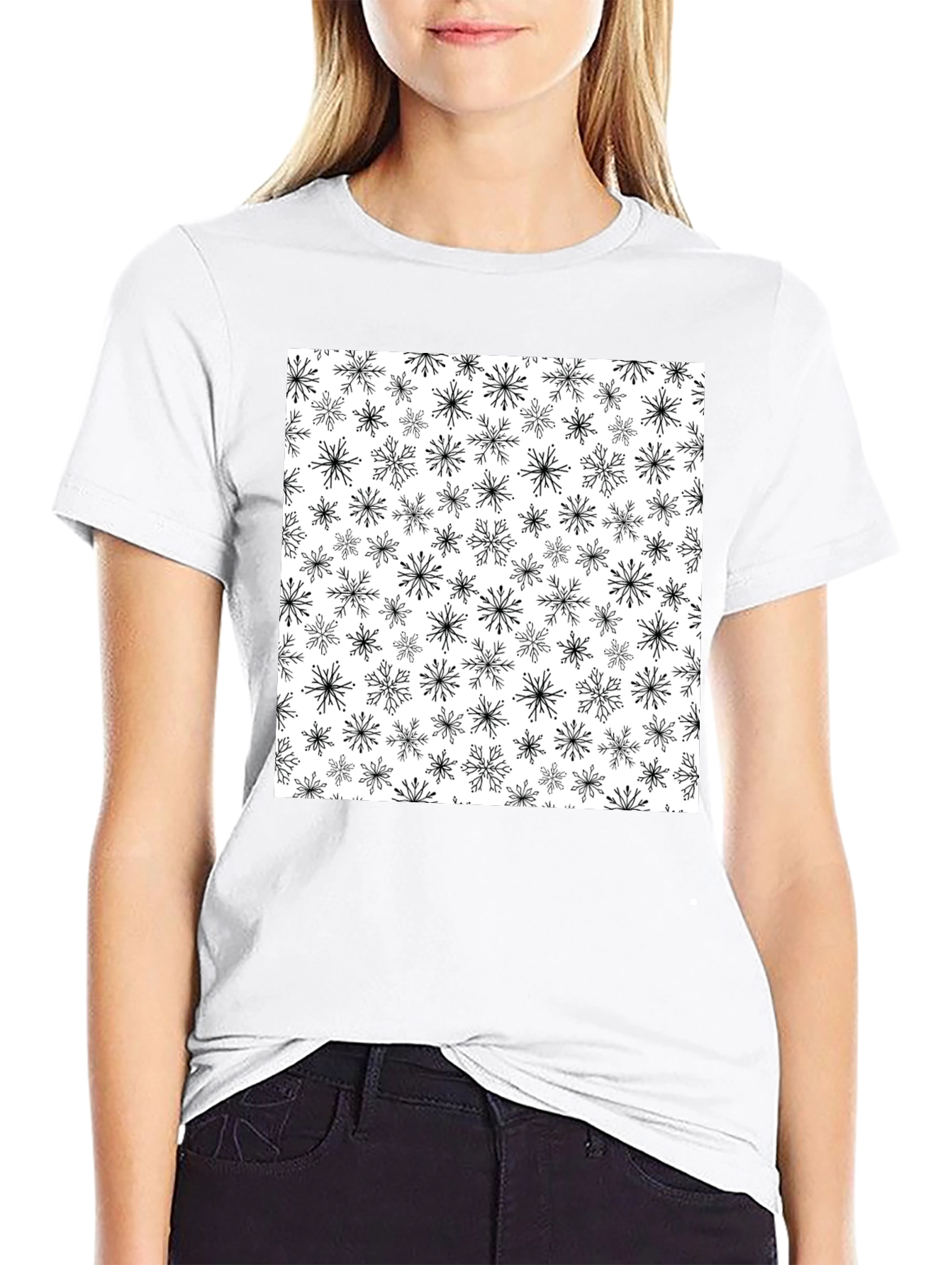 Snowflake Pattern Black T-Shirt - 9