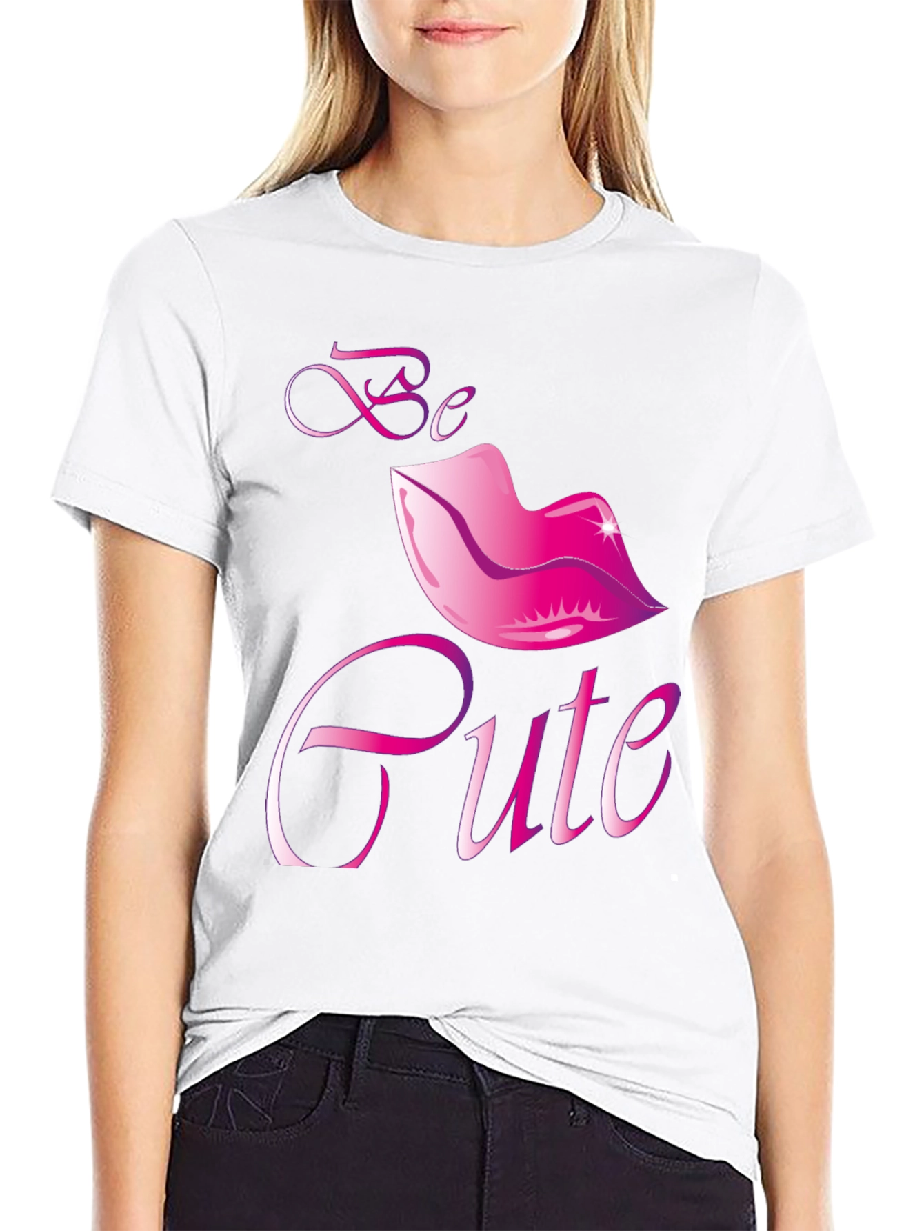 Black Be Cute Lips Graphic Black T-Shirt view 9